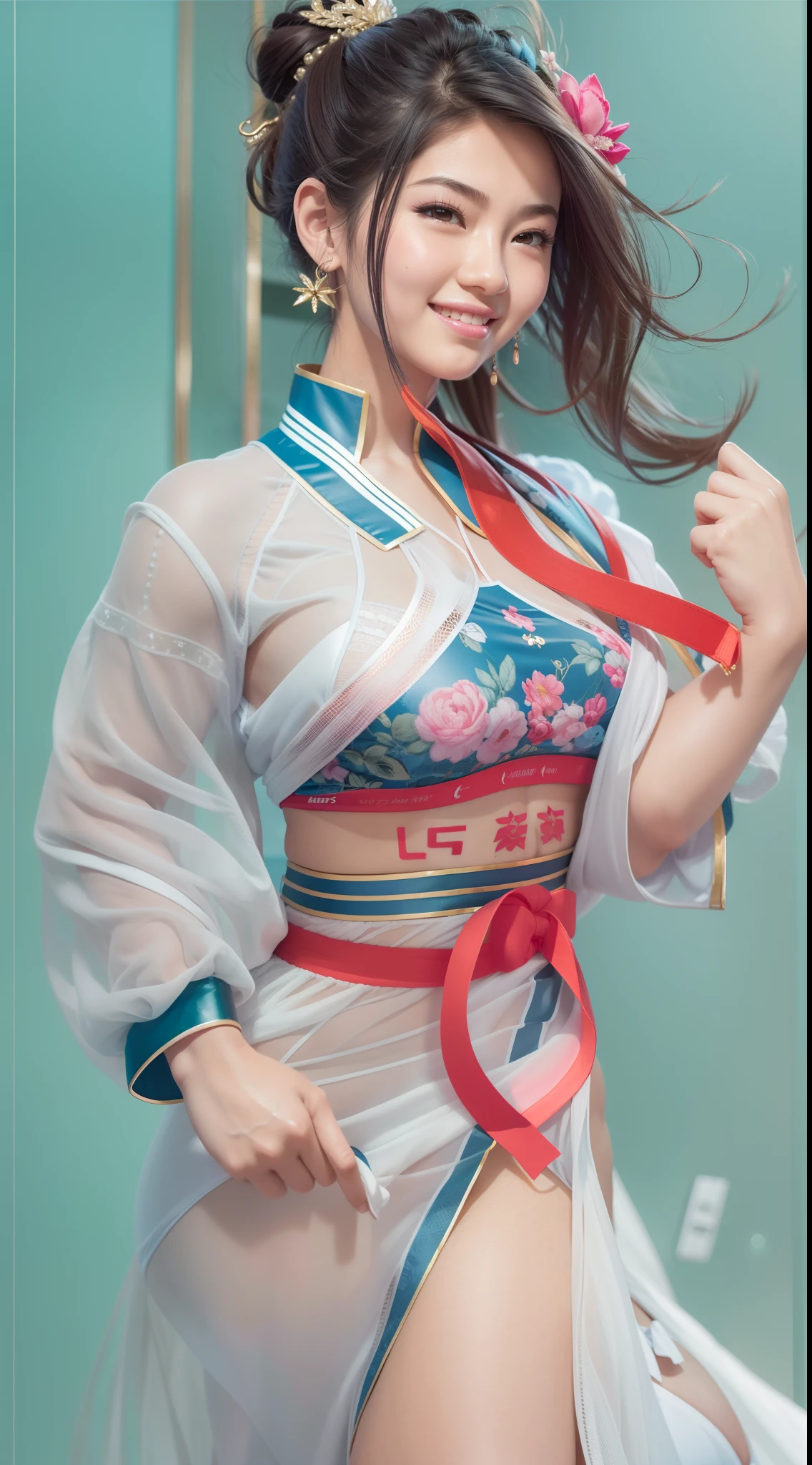 Best Quality, Ultra High Definition, 1 Girl, (Huge, Big), Simple Background, Smile, Glamorous, 8k, Perfect, Shiny Skin, Posing, Beautiful Model, Armpits, Fine Art, Erotic, CG Digital Art, Street Fighter, (Chin Li:1.3), Kawaii Face, Blue China dress, young woman