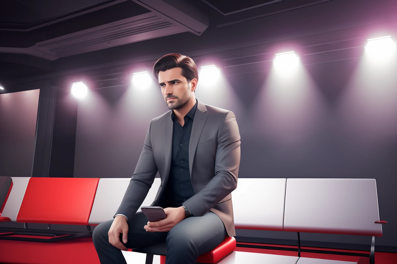 Best quality, ultra high res, (photorealistic:1.4), hdr, hyperdetailed. Sad man with dark hair looking in smartphone. Man sitting at a syndicated talk show. Frontal view. Spotlights, cameras. Tabloid talk show. A lot of space. Red and grey colors in interior design.