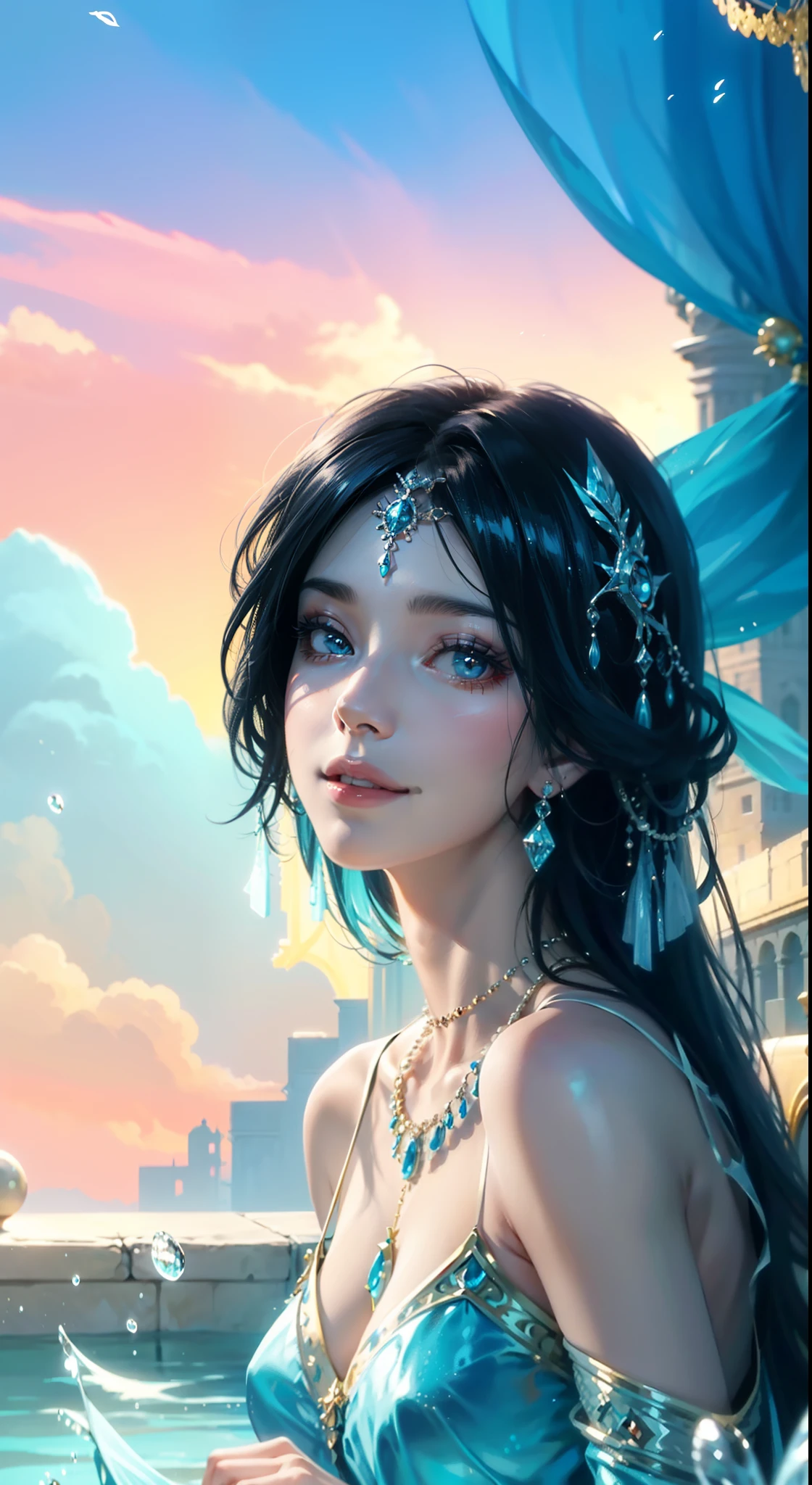 Black hair, Long hair, bead necklace, jewelry, A beautiful woman, Smiling happily, Blue gorgeous dress, sitted, Gorgeous palace, Anime style, romanticism lain, Cinematic lighting, god light, Close-up, hyper HD, Masterpiece, High details，Under the water，mermaids，Underwater palace，A princess，dyna