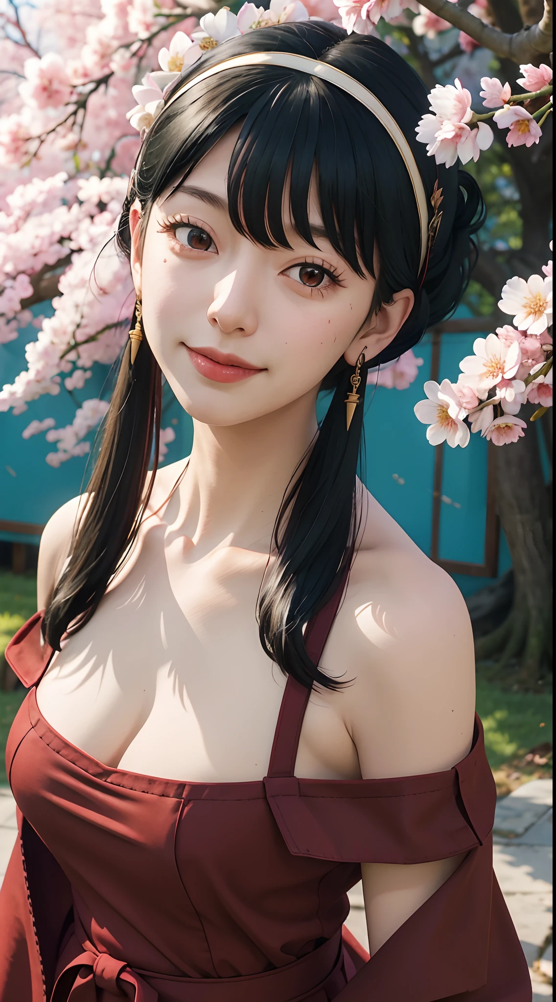 yor, Mature female,  bangs, side locks, Red eyes, Black hair, hair adornments，sportrait, (face:1.2), schoolgirls, ssmile,bare shoulders​, Black hair, cherry blossom, cleavage, (Robe:1.21), 鎖骨, Willow Branch, (masterpiece best quality :1.2),