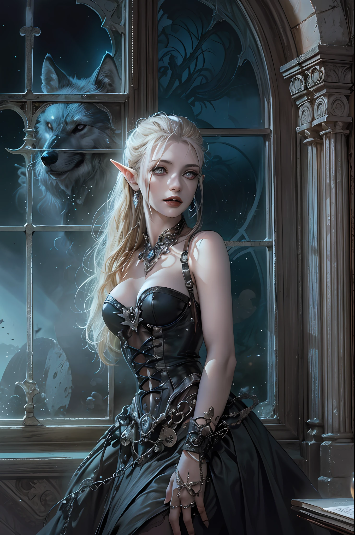 a picture of vampire in her castle and her pet wolf, an exquisite beautiful female elf vampire (ultra detailed, Masterpiece, best quality), ultra feminine, full body, ultra detailed face, blond hair, pale skin, hair in a ponytail, long hair, blue eyes, cold eyes, intense eyes, small pointed ears, cruel smile, smile with drops of blood, vampiric fangs (ultra details, Masterpiece, best quality)wearing white dress (ultra detailed, Masterpiece, best quality), blue cloak, wearing high heeled boots, in dark fantasy library, with an big grey wolf (ultra details, Masterpiece, best quality) book shelves, high details, best quality, 8k, [ultra detailed], masterpiece, best quality, (ultra detailed), full body, ultra wide shot, photorealism, luis royo style, RAW, dark fantasy art, moon light coming through the window, moon rays, gothic art, sense of dread, sense of seduction