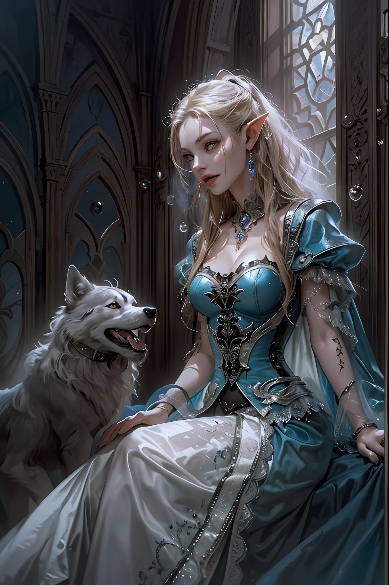 a picture of vampire in her castle and her pet wolf, an exquisite beautiful female elf vampire (ultra detailed, Masterpiece, best quality), ultra feminine, full body, ultra detailed face, blond hair, pale skin, hair in a ponytail, long hair, blue eyes, cold eyes, intense eyes, small pointed ears, cruel smile, smile with drops of blood, vampiric fangs (ultra details, Masterpiece, best quality)wearing white dress (ultra detailed, Masterpiece, best quality), blue cloak, wearing high heeled boots, in dark fantasy library, with an big grey wolf (ultra details, Masterpiece, best quality) book shelves, high details, best quality, 8k, [ultra detailed], masterpiece, best quality, (ultra detailed), full body, ultra wide shot, photorealism, luis royo style, RAW, dark fantasy art, moon light coming through the window, moon rays, gothic art, sense of dread, sense of seduction