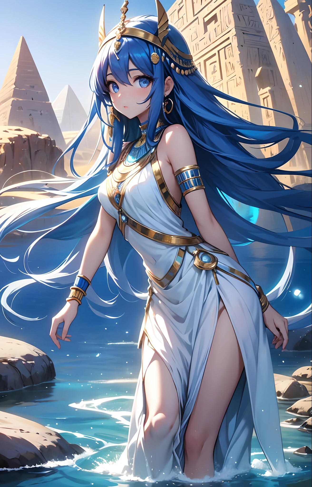 best qualityer,tmasterpiece,Ultimate resolution,downy,Extremely colorful,Colorful,Oasis background,Ancient Egyptian woman,Long azure hair,a matural female,Long white dress in Egyptian style,a white long skirt,Treading water,Desert oasis,Nile River,Normal posture