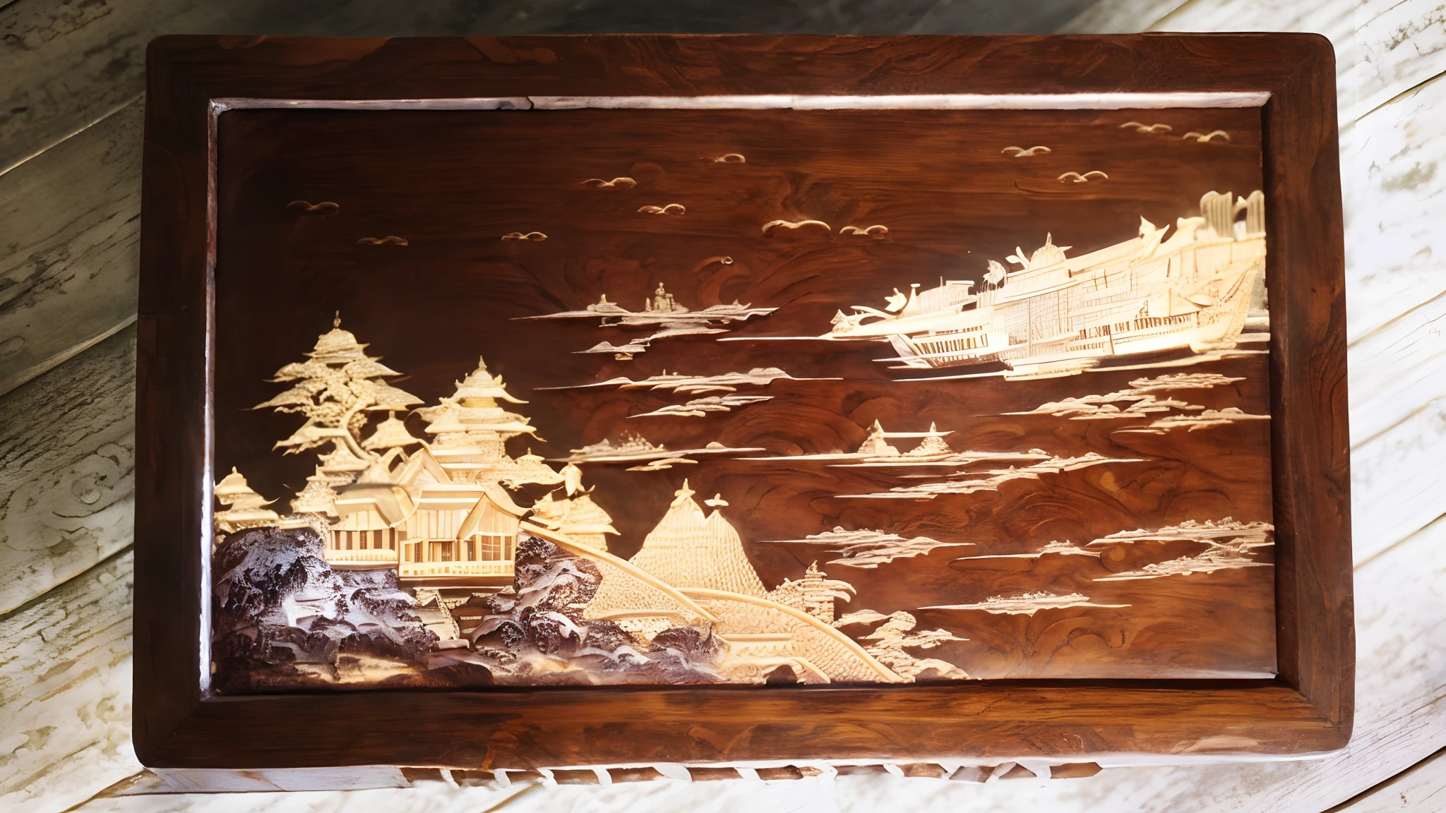 There is a wooden box,There is a photo of a ship on it, decorated polished wood, highly detailed carvings, Engraved, intricate carvings, scenery art detailed, wood art, wooden decoration, intricate wood carving, intricate engraving, detailed wood carving, lacquerware, golden wood carved in relief, Carved in wood, landscape artwork, carved wood, golden inlays