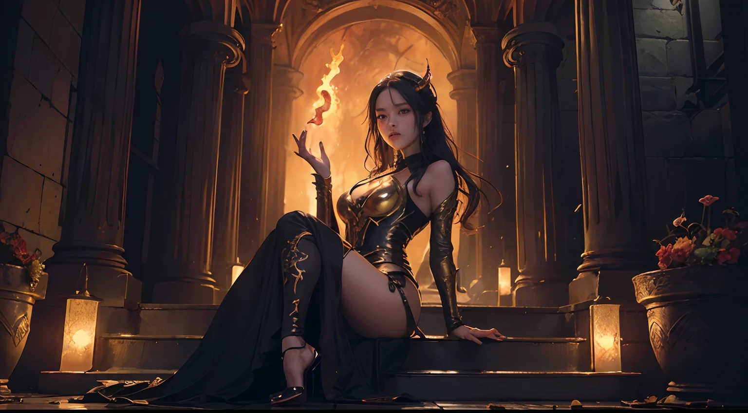 1girl, solo, full body, (masterpiece:1.21), (best quality:1.2), colorful, (illustration:1.2), (cinematic lighting:1.1), magic lights, floating , genitalia visible, naked , spread legs, long dark hair, floating hair, magical lights in her hands, glowing eyes, red eyes, laughing, crazy looking face, looking front, several swords around her, a dark throne room
