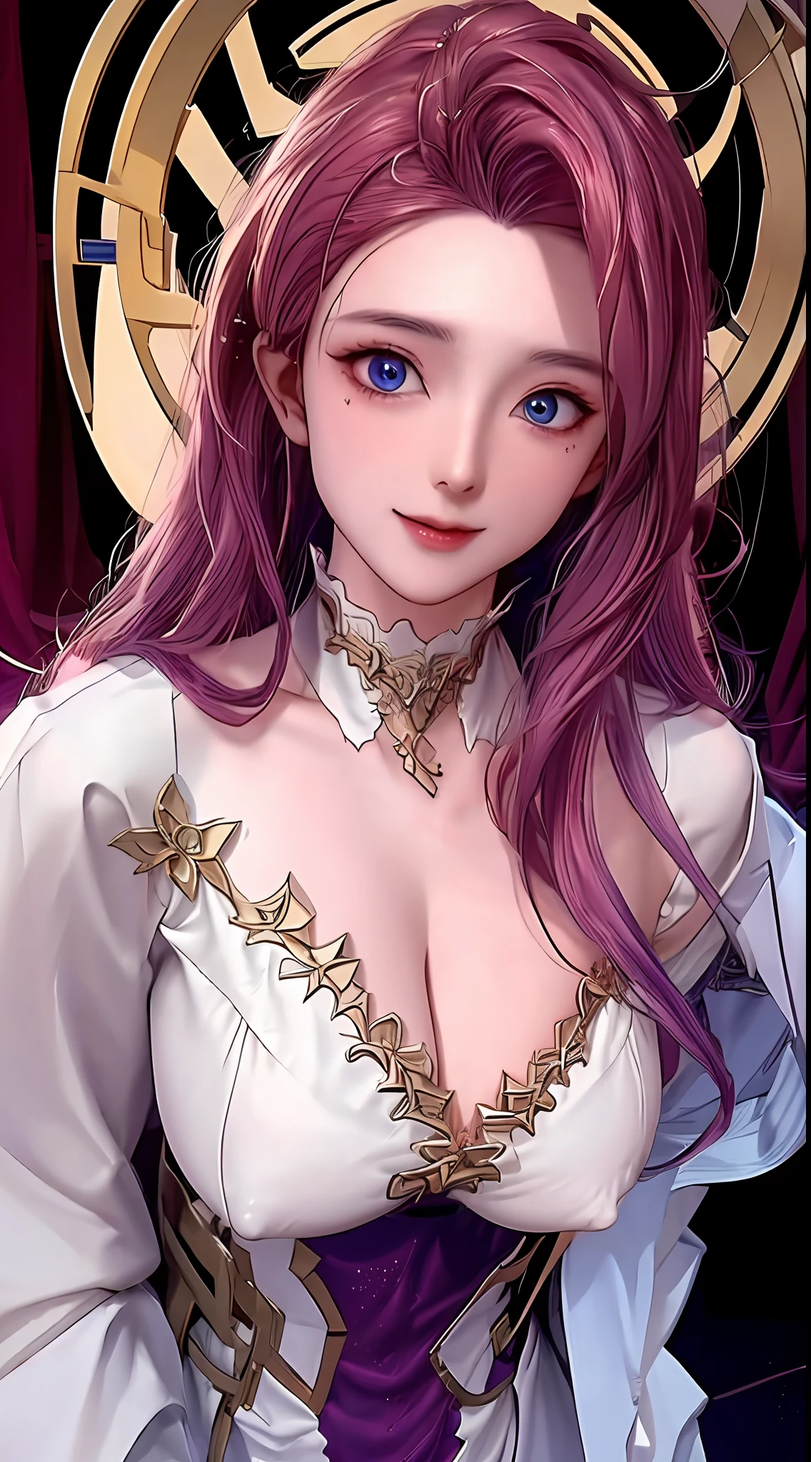 Inverted_Nipples,seraphim,seraphim,((Masterpiece)),A high resolution, highlydetailed skin, insanely details, absurderes, ((Best quality)),tmasterpiece,top-quality,best qualityer,(((Purple dress,White coat,Exquisite facial features,laughingly,Not wearing underwear,gigantic cleavage breasts,Raised , Chest bumps,))),