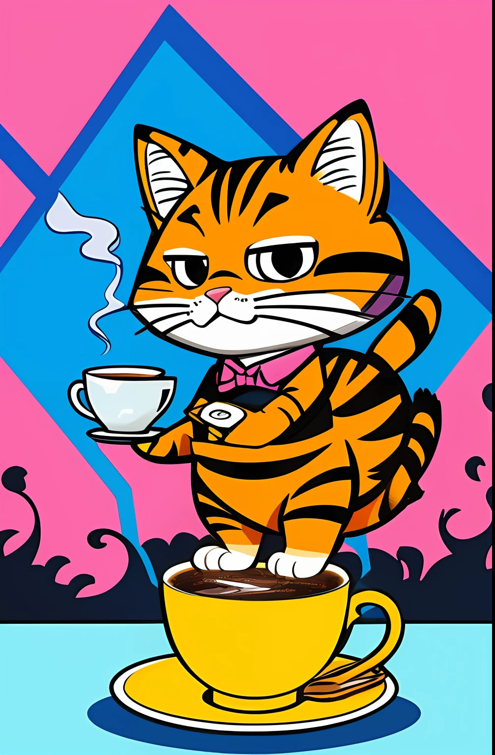 (GARFIELD CAT FROM THE ORIGINAL SERIES WITH A NICE CUP OF COFFEE COMING OUT SMOKE IN HIS HAND, Beautiful cup ,Coloridas ,pink and blue and yellow WRITTEN WE COOFFE IN THE CUP ), Eduardo Kobra ,Romero Brito,The Filling Twins ,multidimensional geometric wall PORTRAIT, arte, Chibi,
Yang08k, lindo, Colouring,
Primary works, qualidade superior, melhor qualidade, Arte Oficial, Beautiful and Aesthetic, 128 mil