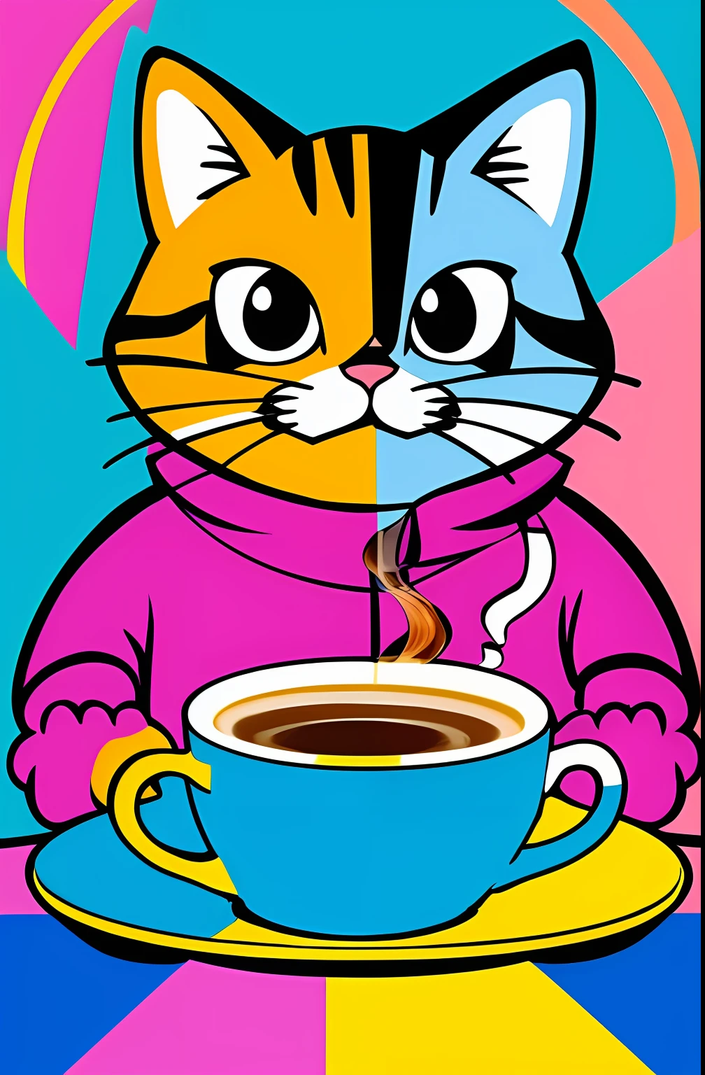 (GARFIELD CAT FROM THE ORIGINAL SERIES WITH A NICE CUP OF COFFEE COMING OUT SMOKE IN HIS HAND, Beautiful cup ,Coloridas ,pink and blue and yellow WRITTEN WE COOFFE IN THE CUP ),  Eduardo Kobra ,Romero Brito,The Filling Twins ,multidimensional geometric wall PORTRAIT, arte, Chibi,
Yang08k, lindo, Colouring,
Primary works, qualidade superior, melhor qualidade, Arte Oficial, Beautiful and Aesthetic, 128 mil
