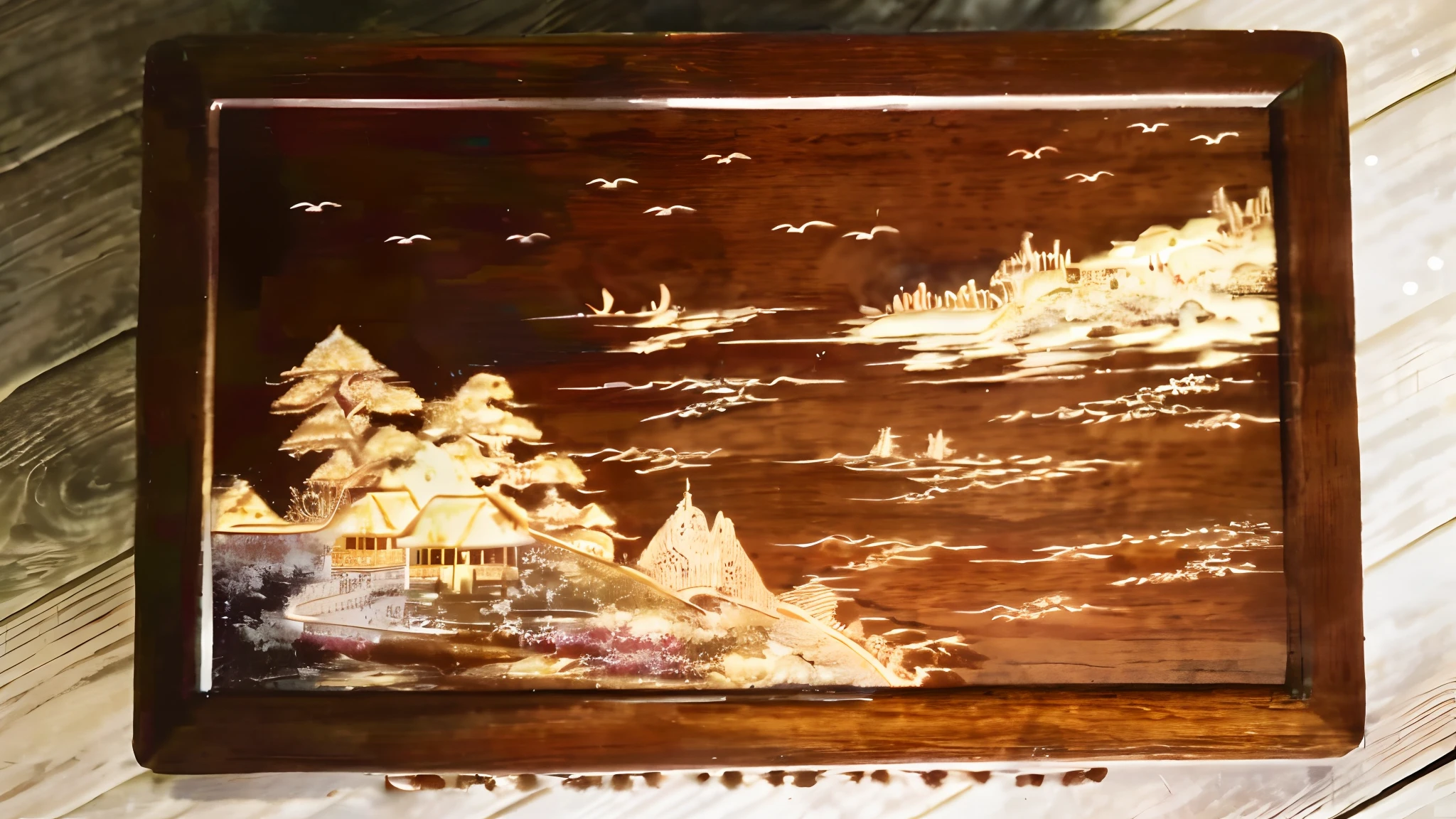 There is a plank,There are photos of Japanese style landscapes on it, decorated polished wood, highly detailed carvings, Engraved, intricate carvings, scenery art detailed, wood art, wooden decoration, intricate wood carving, intricate engraving, detailed wood carving, lacquerware, golden wood carved in relief, Carved in wood, landscape artwork, carved wood, golden inlays