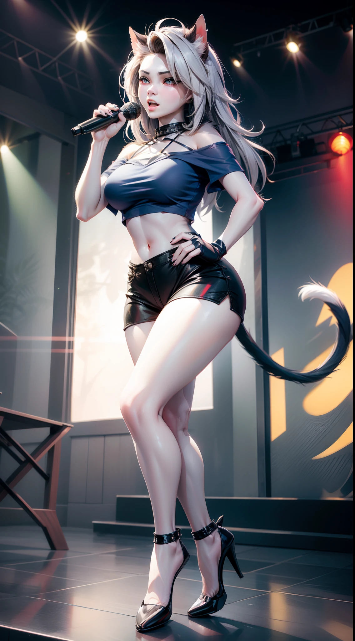 Telescopic shot，Full body photo，tmasterpiece，Best quality，Realistic lighting，超高分辨率， Concert stage（Use a microphone with a stand）sing，1girll，Clench your hands into fists， big breasts beautiful， blond hairbl ，Cat ear hair accessories， bare shoulders​， crop tops，high-heels， nabel。