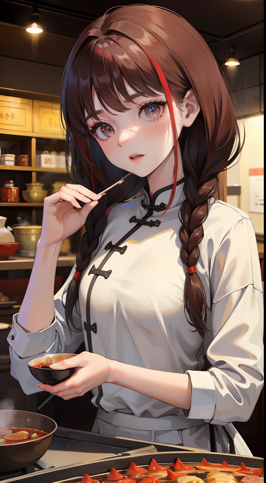 Chengdu girl,hot pot,Delicate facial features,Delicate,(There is lotus embroidery on the clothes:1.4),(Chinese red:1.4),Lively street stalls,the night,red colour,Abundant hot pot ingredients,Twist braids,Bokeh,sharp focus on eyes,8K,super-fine,tmasterpiece,Accurate hands,Detailed pubic hair,dynamic viewing angle