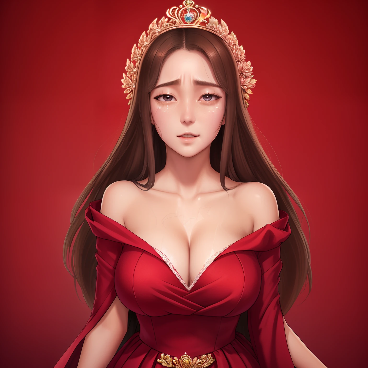 girl,Princess,long wet brown hair,diamods crown,he tall,sexy pose princess,super big breast,(P cup),,sad and cry detailed face,sexy long princess clothes and long skirt outfit,full body,standing on royal palace,princess hold a bouquet of flowers,in the crowd royal palace,princess crying and screaming continuously, her tears fell down her cheeks, her nose was red on royal palace
