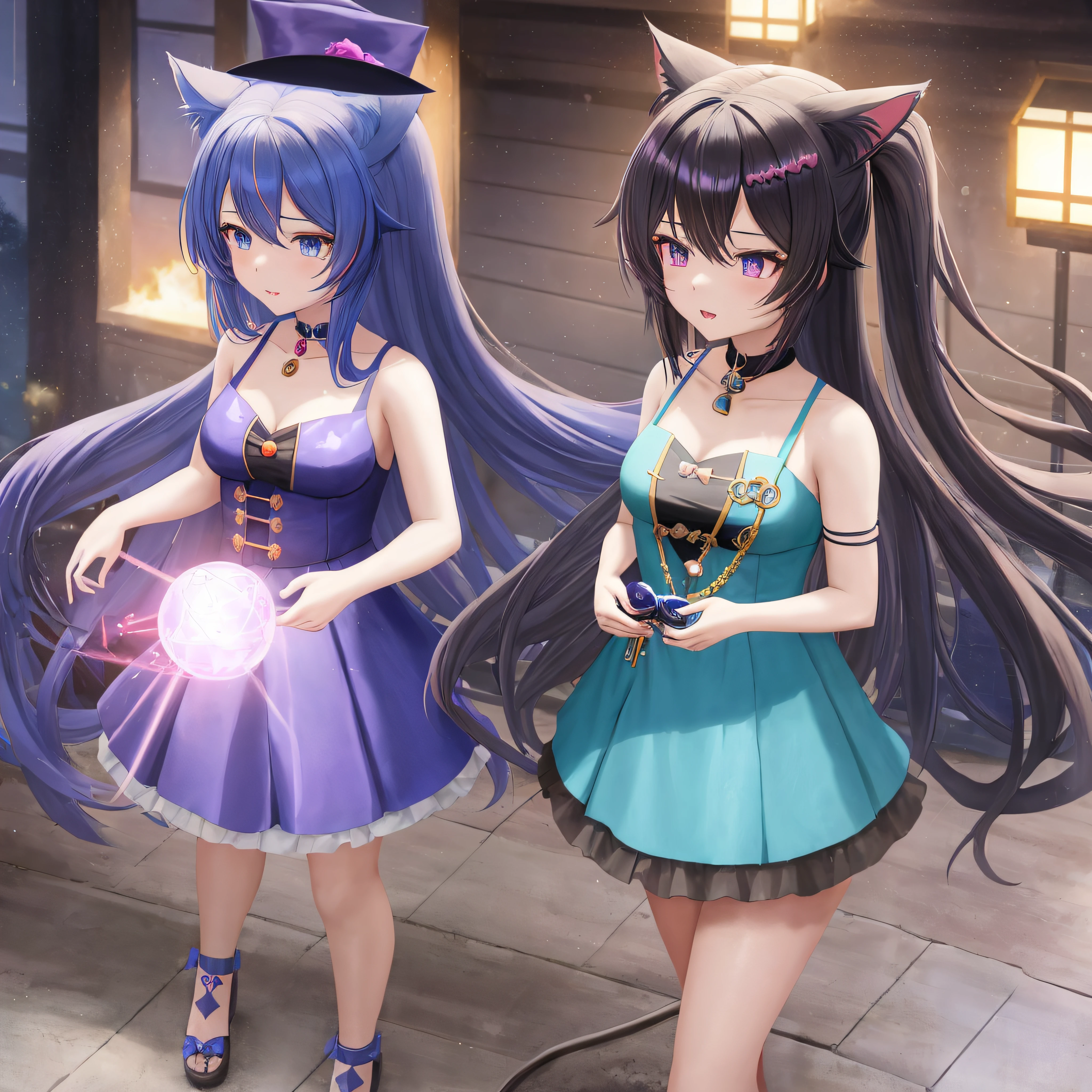 anime girl with long hair and a cat ears in a blue dress, keqing genshin impact, anime moe artstyle, keqing game genshin impact, detailed key anime art, small curvy , cute anime waifu in a nice dress, keqing from genshin impact, black - haired mage, high detailed official artwork, flirty anime witch casting magic