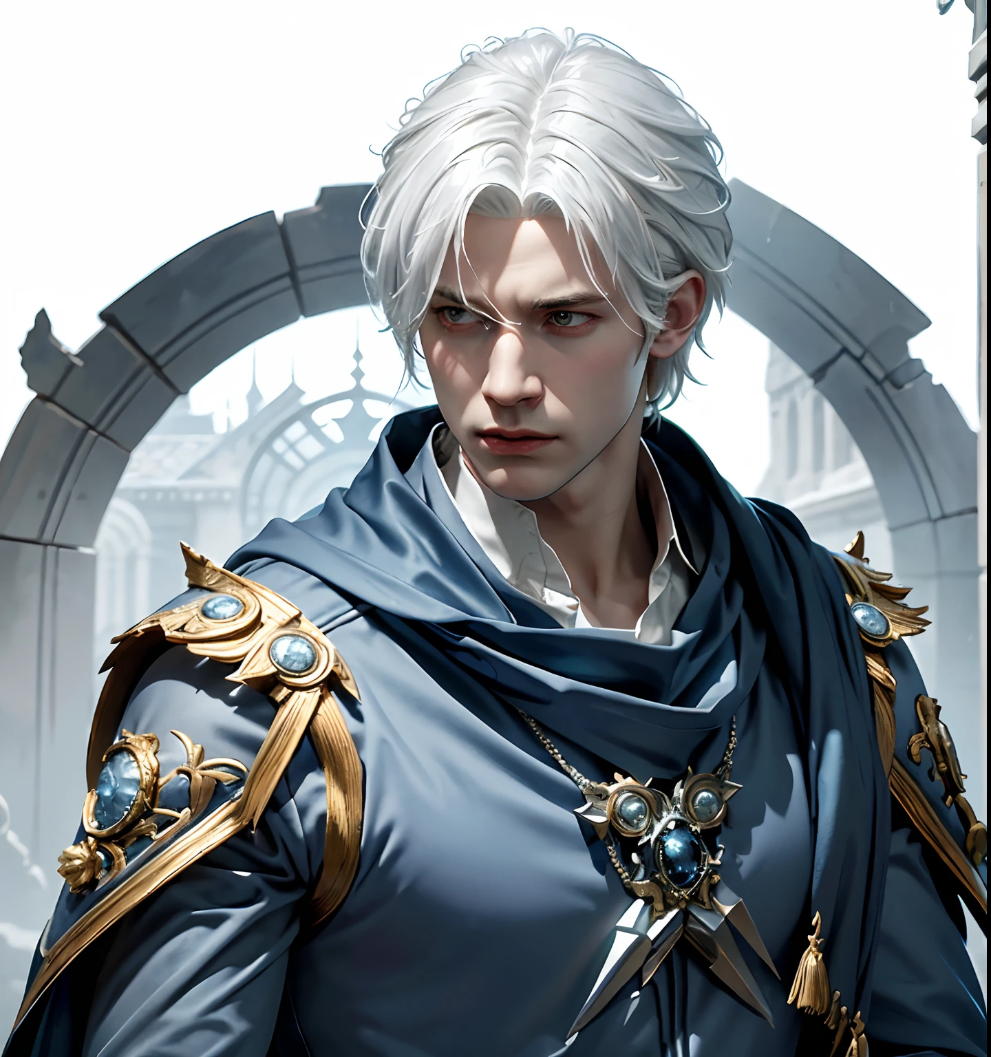 1 man, white hair and blue dress and blue cape, androgynous noble, delicate androgynous, handsome, royal elegant pose, 1man, stern look, 6th Century catastrophe, post-apocalypse, solo focus, adult, pale and young adult face, palace, realistic, dynamic pose realistic, detailed and correct facial structure, frost ornaments, LEON S. KENNEDY, cinematic lighting, unreal engine, trending on ArtStation, intricate details, masterpiece, best quality, by Irakli Nadar, Greg Rutkowski，(((best quality))),(((ultra detailed))),(((masterpiece)))