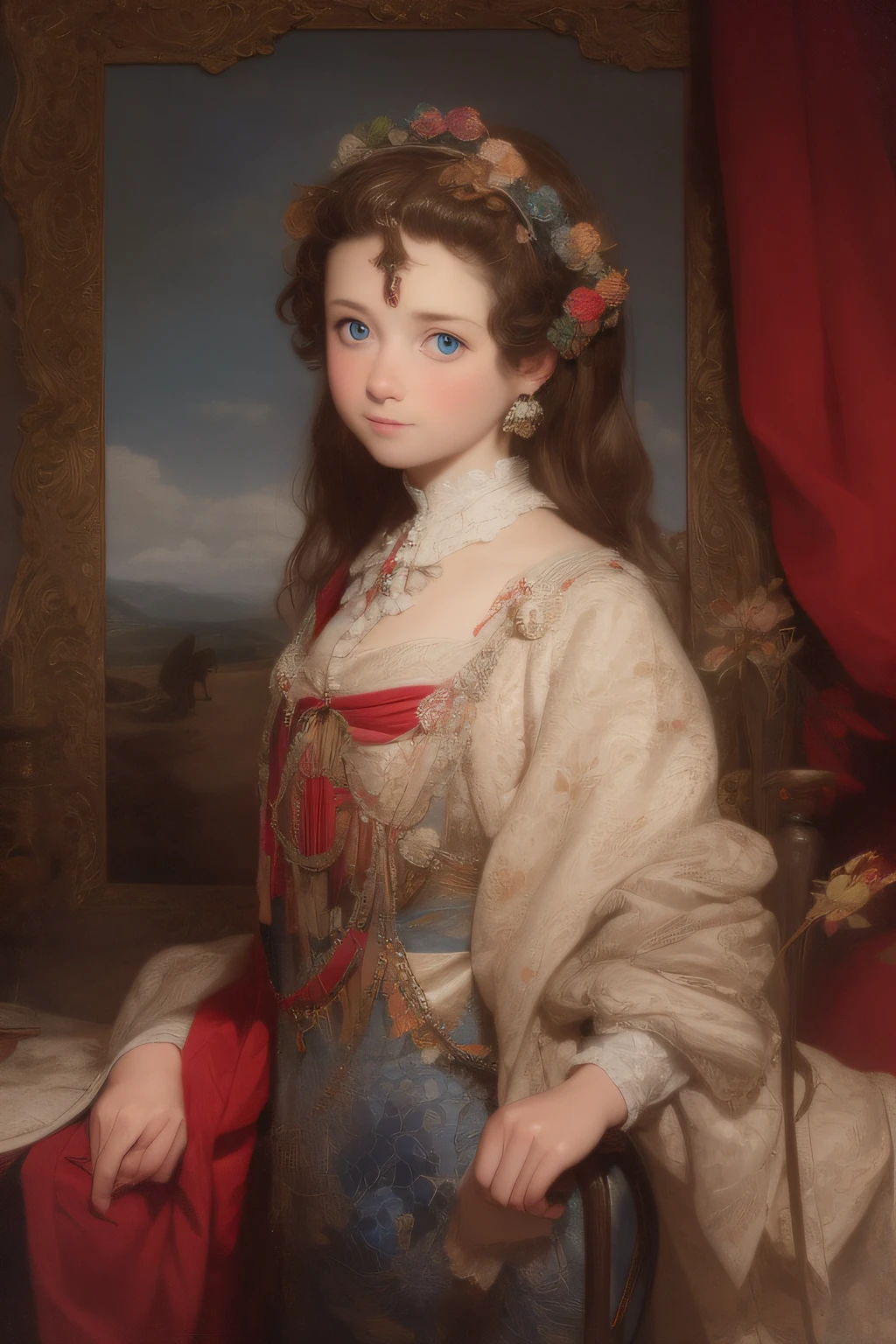Took portrait of a gorgeous girl by the window, (blue eyes:1.3), with red curtains.