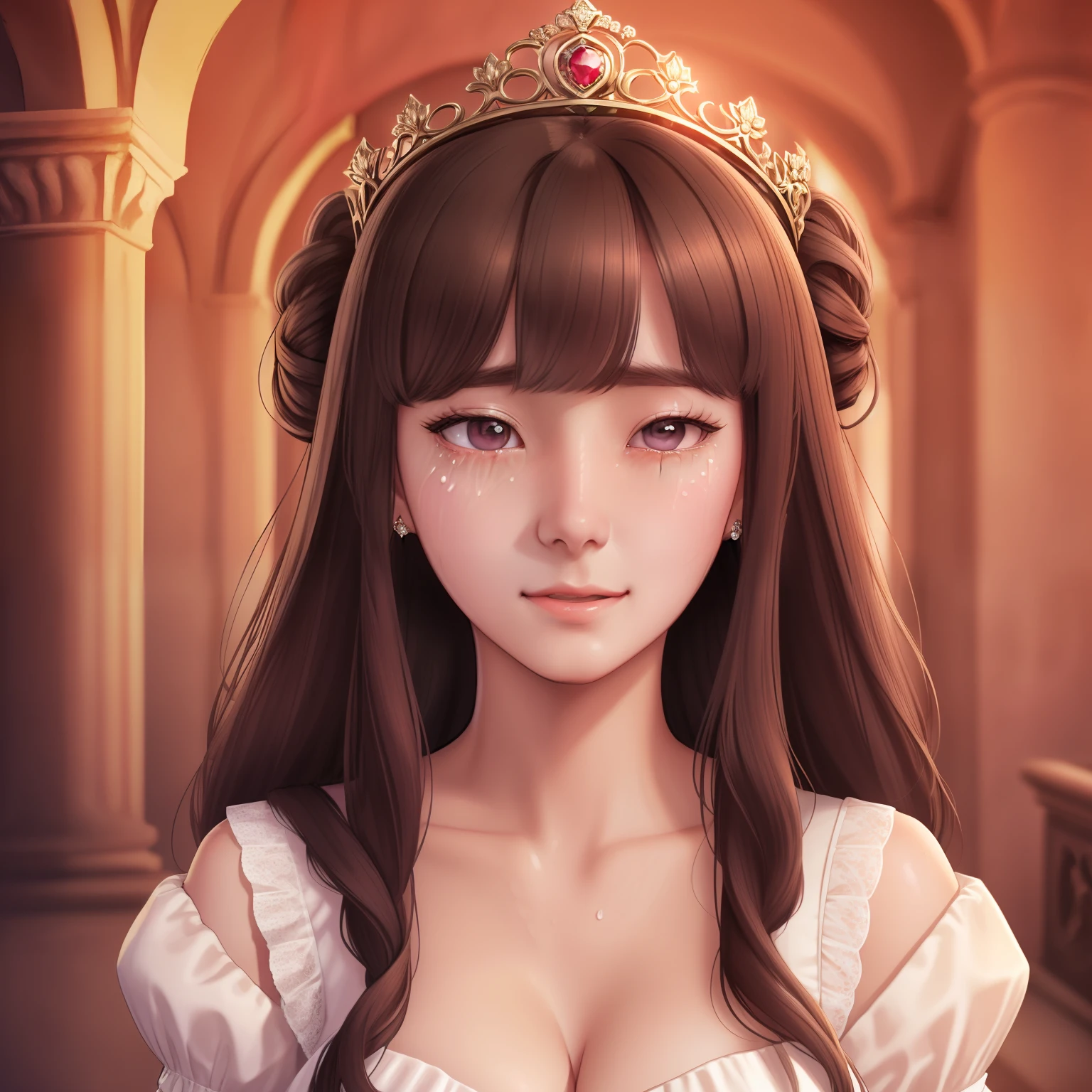 girl,Princess,long wet brown hair,diamods crown,he tall,sexy pose princess,super big breast,(P cup),,sad and cry detailed face,sexy long princess clothes and long skirt outfit,full body,standing on royal palace,princess hold a bouquet of flowers,in the crowd royal palace,princess crying and screaming continuously, her tears fell down her cheeks, her nose was red on royal palace