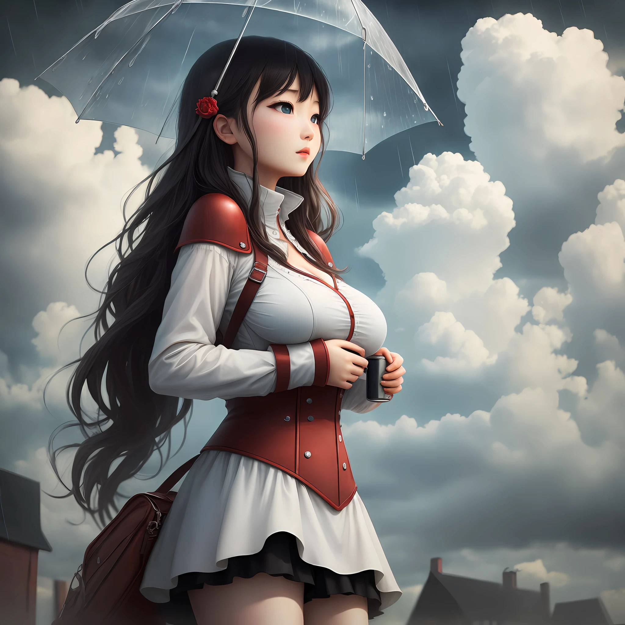 1个Giant Breast Girl,Clouds,rained,tmasterpiece,Best quality,adolable,
