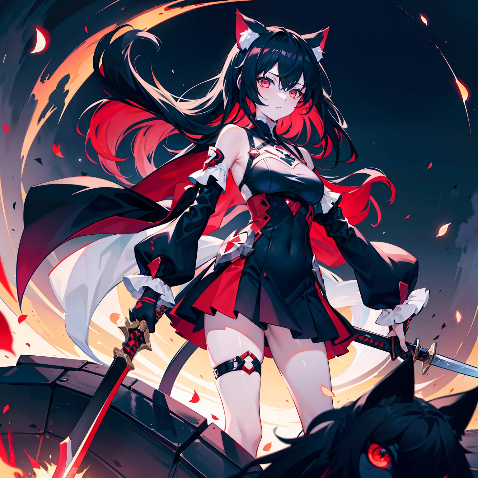 A close-up of a girl，Black hair，red color eyes，glowing light eyes，Separate the sleeves，black color dress，Cold，Perfect girly body，mediuml breasts，long leges，cat ear，black glove，the night，Lake surface，There are three cats next to it，Holding a black long sword，Indifferent swordsman，Separate the sleeves，Honkai Three style,style of anime，full bodyesbian，