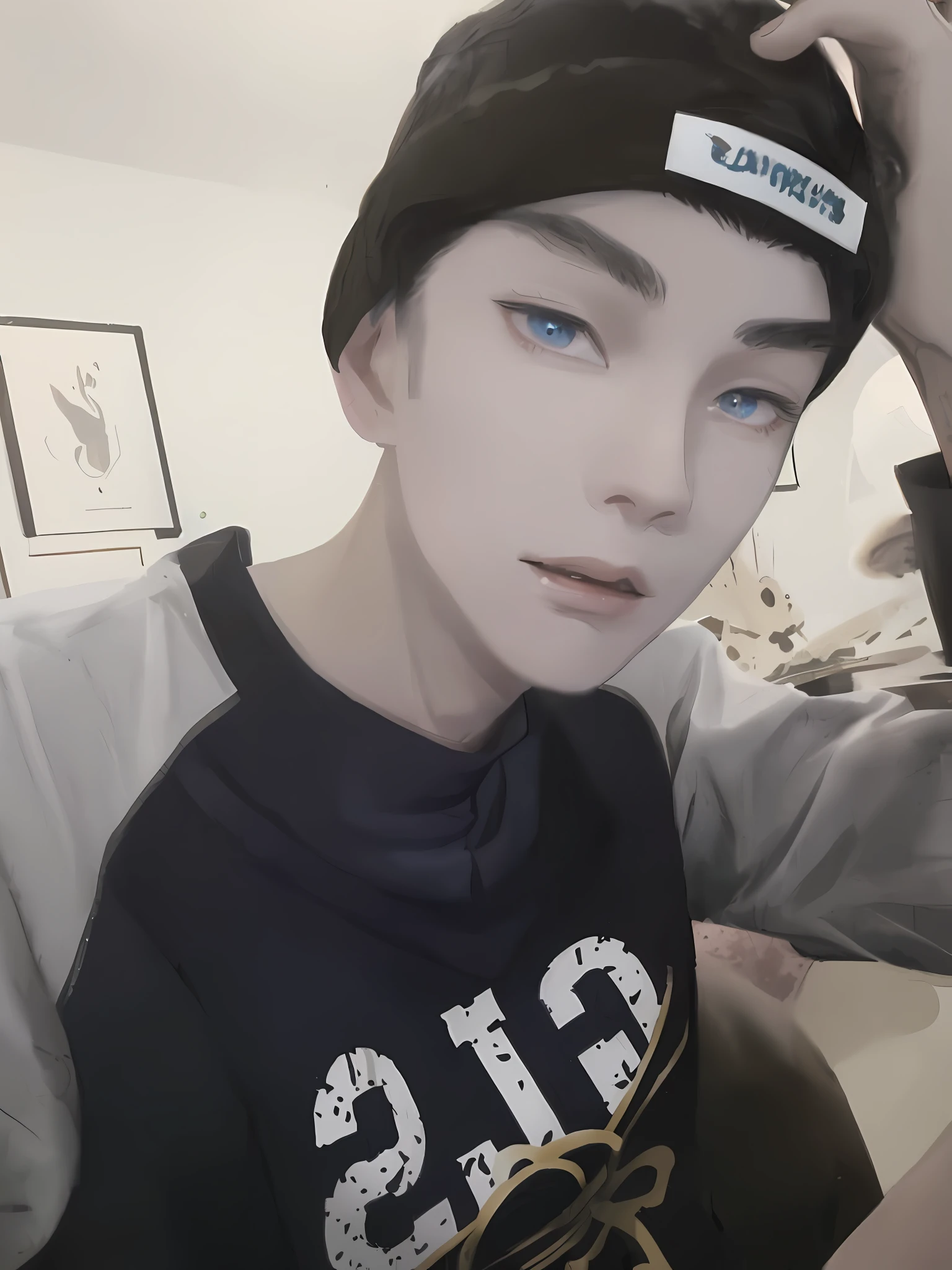 Moonshine in the back, Stand in front of the church, Man with light blue hair, inspired by Sim Sa-jeong, nixeu and sakimichan, inspired by Wang Duo, Morgoth, Inspired by Bian Shoumin, virtual self, looking this way, inspired by Gang Se-hwang, inspired by jeonseok lee, Tumbler, high-level image quality、 beautiful man、Tall、window、𝓡𝓸𝓶𝓪𝓷𝓽𝓲𝓬、Korean male, K Pop, Professional photos, Vampires, In the Fed man with necklace, inspired by Sim Sa-jeong, androgynous vampire, :9 detailed face: 8, extra detailed face, detailed punk hair, ((Eyes are brown)) baggy eyes, Seductive. Highly detailed, semi realistic anime, Vampires, hyperrealistic teen, Delicate androgynous prince, imvu, Short hair above the ears, Man with short hair, Gentle expression, smiling expression, Cool pose, Korean fashion with white cuirass visible Y-shirt and black pants