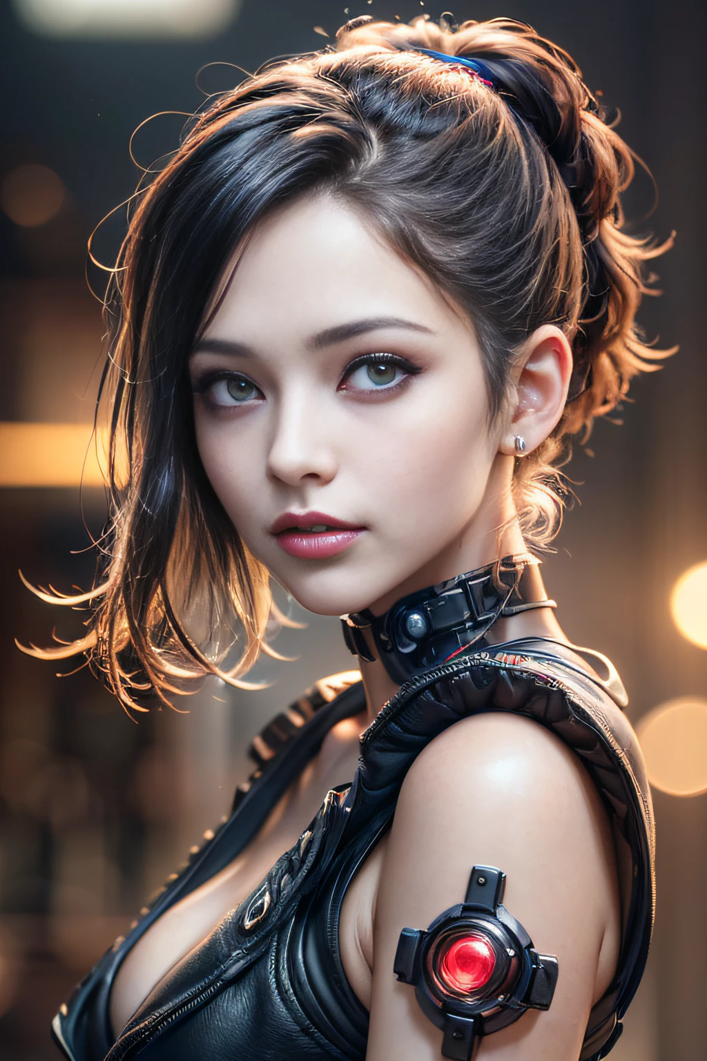 (top-quality,8K,32K,​masterpiece,nffsw:1.3),超A high resolution,(Photorealsitic:1.4),Raw photo, cyber punk Girl, Cute face details, Cyberpunk Hair, Cyberpunk Fashion, Very detailed clothes, Half body shot,
,Cyberpunk city background, Backlight effect, Lens Flare, depth of fields,CBPKV5