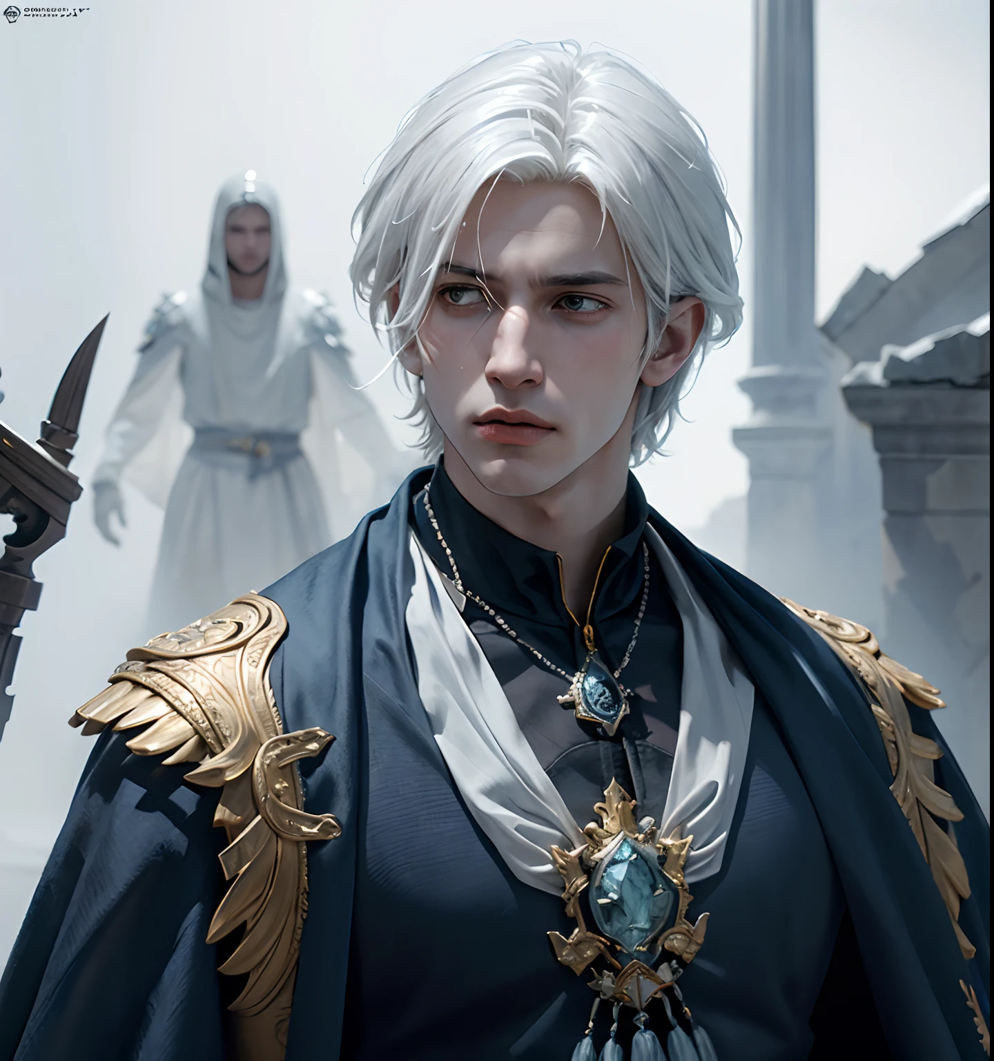 ****ung man, white hair and blue dress and blue cape, androgynous noble, delicate androgynous, handsome, royal elegant pose, 1man, stern look, 6th Century catastrophe, post-apocalypse, solo focus, adult, pale and young adult face, palace, realistic, dynamic pose realistic, detailed and correct facial structure, frost ornaments, LEON S. KENNEDY, cinematic lighting, unreal engine, trending on ArtStation, intricate details, masterpiece, best quality, by Irakli Nadar, Greg Rutkowski，(((best quality))),(((ultra detailed))),(((masterpiece)))