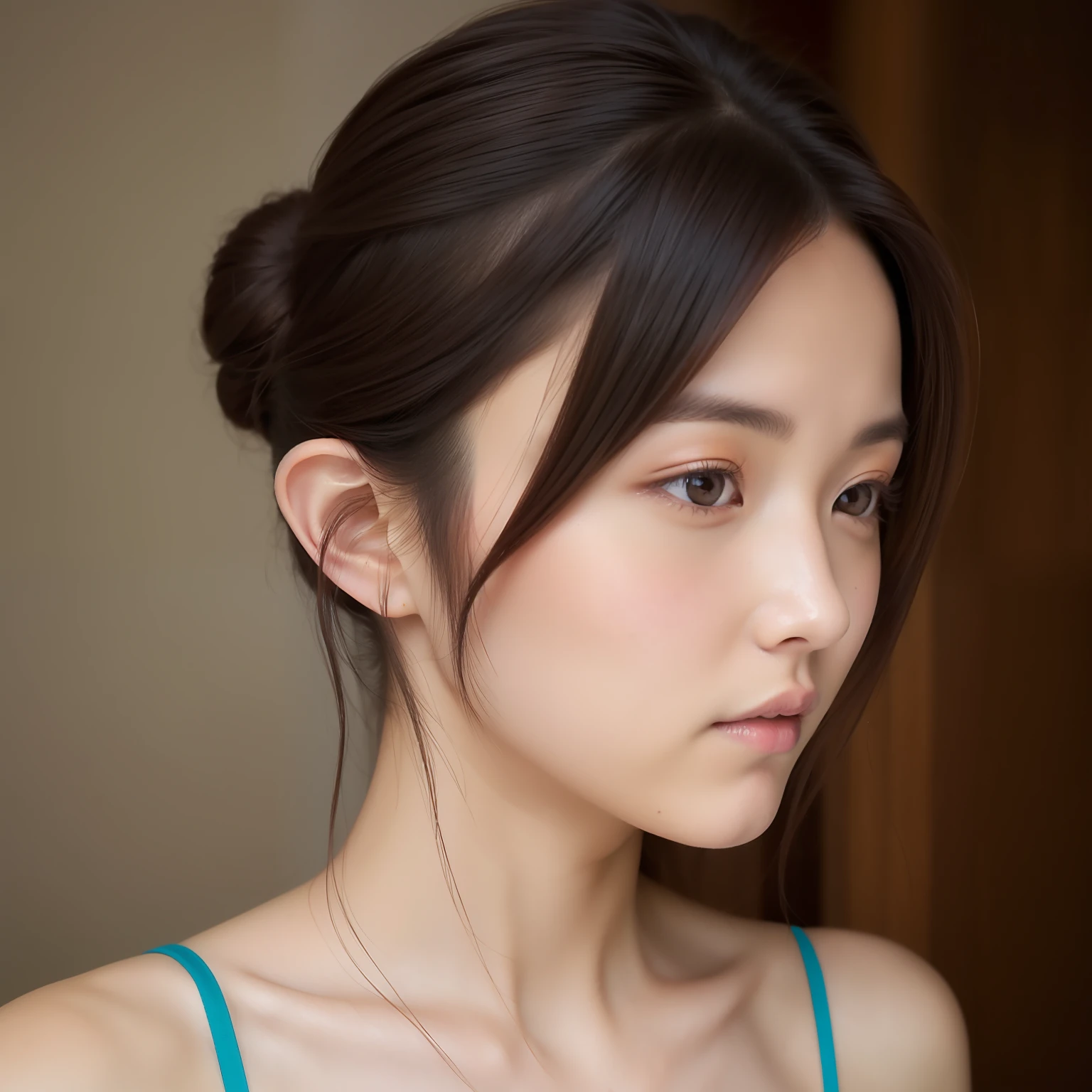 Real beauty face of Japanese model, buns hair