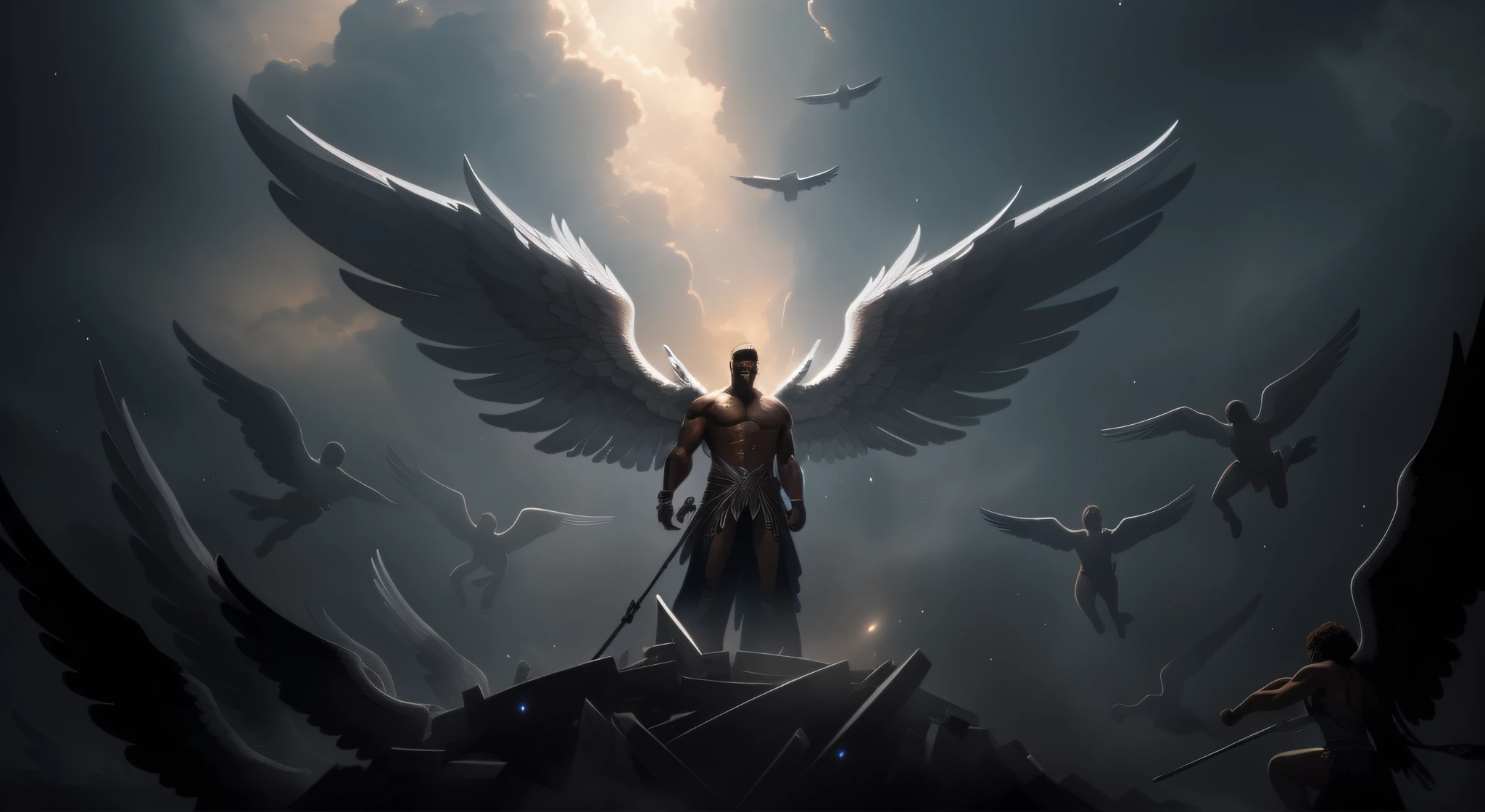 Thousands of little angels floating in the sky, com suas asas brilhantes e delicadas. Em primeiro plano, um grande anjo negro masculino forte musculoso, envolto em chamas ardentes, dominates the scene with an imposing presence, detalhes 4k
