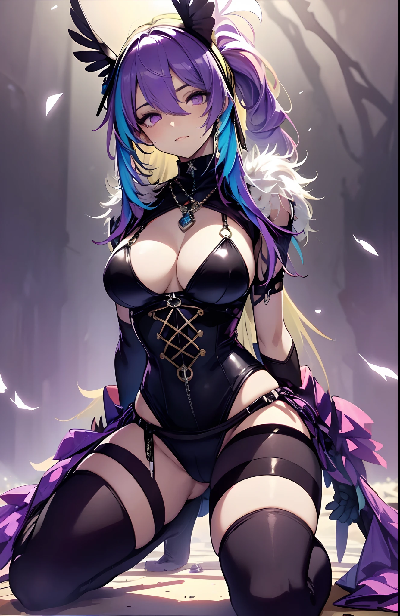best qualityer,tmasterpiece,Ultimate resolution,downy,Extremely colorful,Colorful,Valley background,(Purple fog),Dancer,Bikini tights,Blindfolds,huge tit,The kinky is exposed,(cabellos largos dorados),Bird wings,a matural female,Kneeling pose,black reotard,vale,fog atmosphere,Normal posture