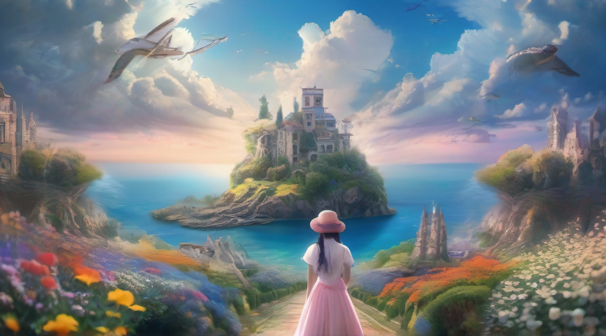 ccurate, best quality, masterpiece, UHD, high details, award winning, (Amazing:1.1), (Surrealism), Conceptual art, Verism, cinematic lighting, panorama, beautiful high school girl, (17 yr old), ((((full body)))), from behind, picking flowers, dance, without looking at me, (((wearing simple school uniform))), black eyes, black hair, (floating hair), ((8 life size)), detailed hairstyles, detailed bodyline, anatomically correct, (((she is lost in a surreal world of dreamlike landscapes))), A floating island in the sky, Quiet village with ruins and colorful houses, shallow sea, Horizon, ((beautiful Blue sea)), blue sky, paradise scenery, flowers, wind flow, (((fantasy))), frontier, (magnificent space),