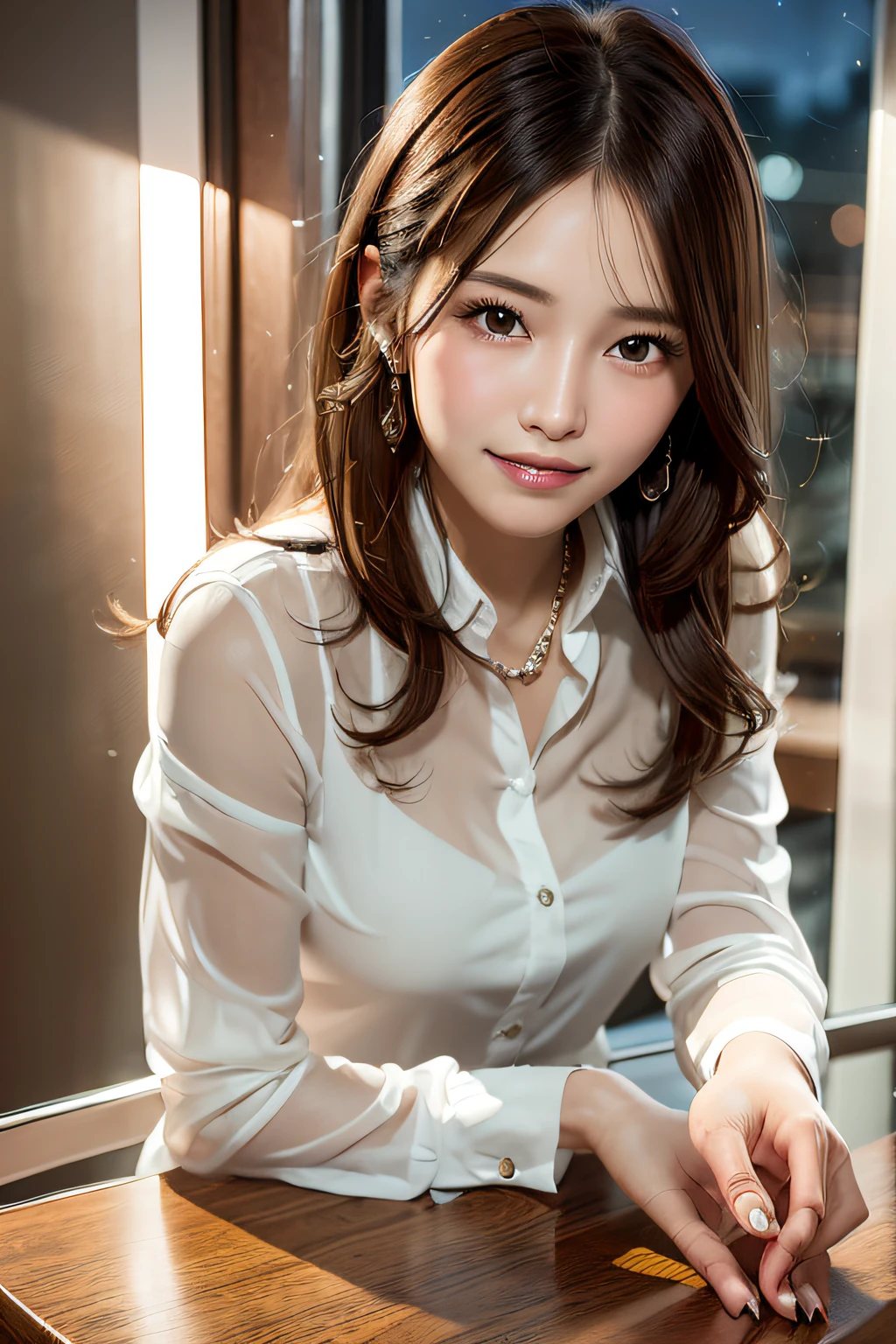 (masterpiece:1.3), high resolution, ultra detailed, extremely detailed CG unity 8k wallpaper, realistic, photo-realistic, RAW photo, beautiful detailed face, pale skin, realistic glistening skin, detailed cloth texture, detailed hair texture, Perfect body, Beautiful Face, accurate, Anatomically correct, Highly detailed face and skin texture, natural neck length, (beautiful hands), (fair skin:1.2), Thin legs, Thin feet,
BREAK,
Detailed eyes, symmetric eyes, Light Brown eyes, Double eyelids, Thin eyebrows, (Glossy lips:1.4), ((gently smile:1.3)), (blush:1.1),
BREAK,
(A Classy and Cute girl:1.3), (wearing a classy white Blouse:1.2), (orange long irregular hem skirt:1.2),
medium large breasts, (slender figure:1.1), firm abs,
(Dark blonde hair, wavy hair, long hair:1.2), ((asymmetrical bangs:1.2)),
BREAK,
((leaning against the desk with Whispering:1.3)),
((in the stylish office at night:1.4)), (Cowboy shot:1.2), looking at viewer, from front:0.65,