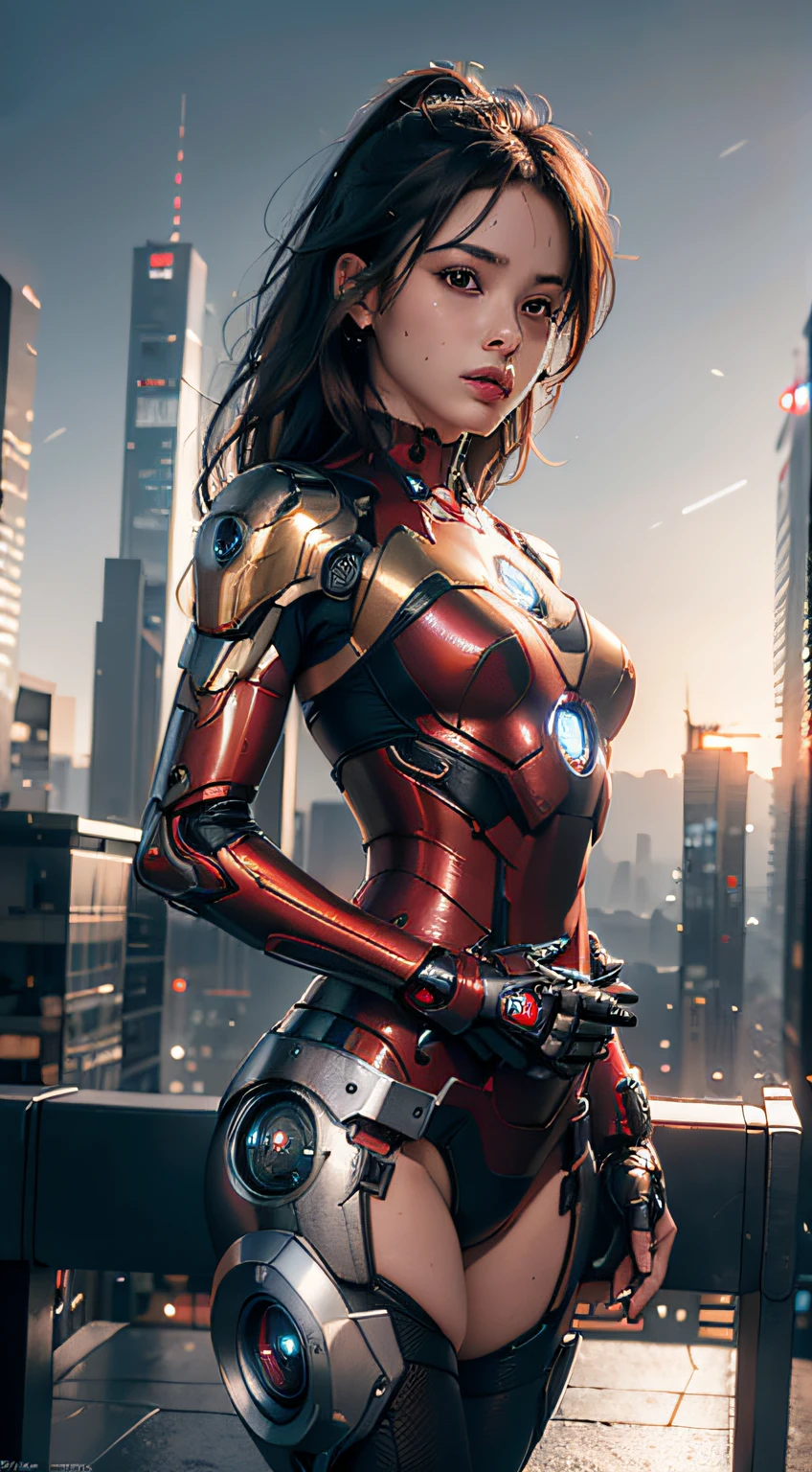 8k, realistic, attractive, highly detailed, a 20 year old girl a sexy and attractive woman inspired by Iron Man wearing a shiny Iron Man mech. She dresses with sexiness and confidence, perfectly interpreting Iron Man&#39;s strength and charisma. In a cyberpunk-style city night scene, a sexy and attractive woman takes Iron Man&#39;s cosplay as the theme. Wearing a shiny Iron Man mech, she stands on a street lined with tall buildings. The night lights of the city are bright, reflecting on her mecha, adding a sense of future technology. The surrounding buildings and streets are full of cyberpunk elements, such as neon lights, high-tech devices and futuristic architectural designs. The whole scene is full of futuristic and sci-fi atmosphere. This high-definition, high-quality picture will bring you stunning visual enjoyment, a perfect combination of sexy, futuristic and sci-fi elements. oc rendering, dramatic lighting, award winning quality