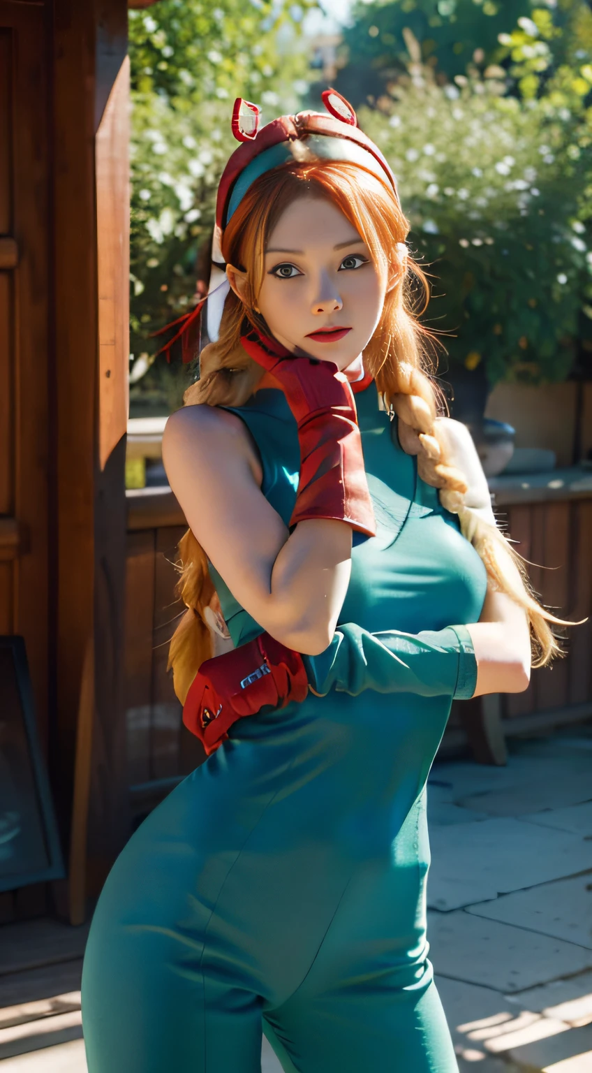 Masterpiece, Best quality, A high resolution, 1girll, cammy white, Double up braid, Long hair, Blonde hair, Antenna hair, beret, (red headgear:1.3), Blue eyes, scar on the cheek, green bodysuit, Large breasts, Sleeveless, Red gloves, Fingerless gloves, disguise, Cowboy shot, standing, Outdoors, arms at sides, straight-on,