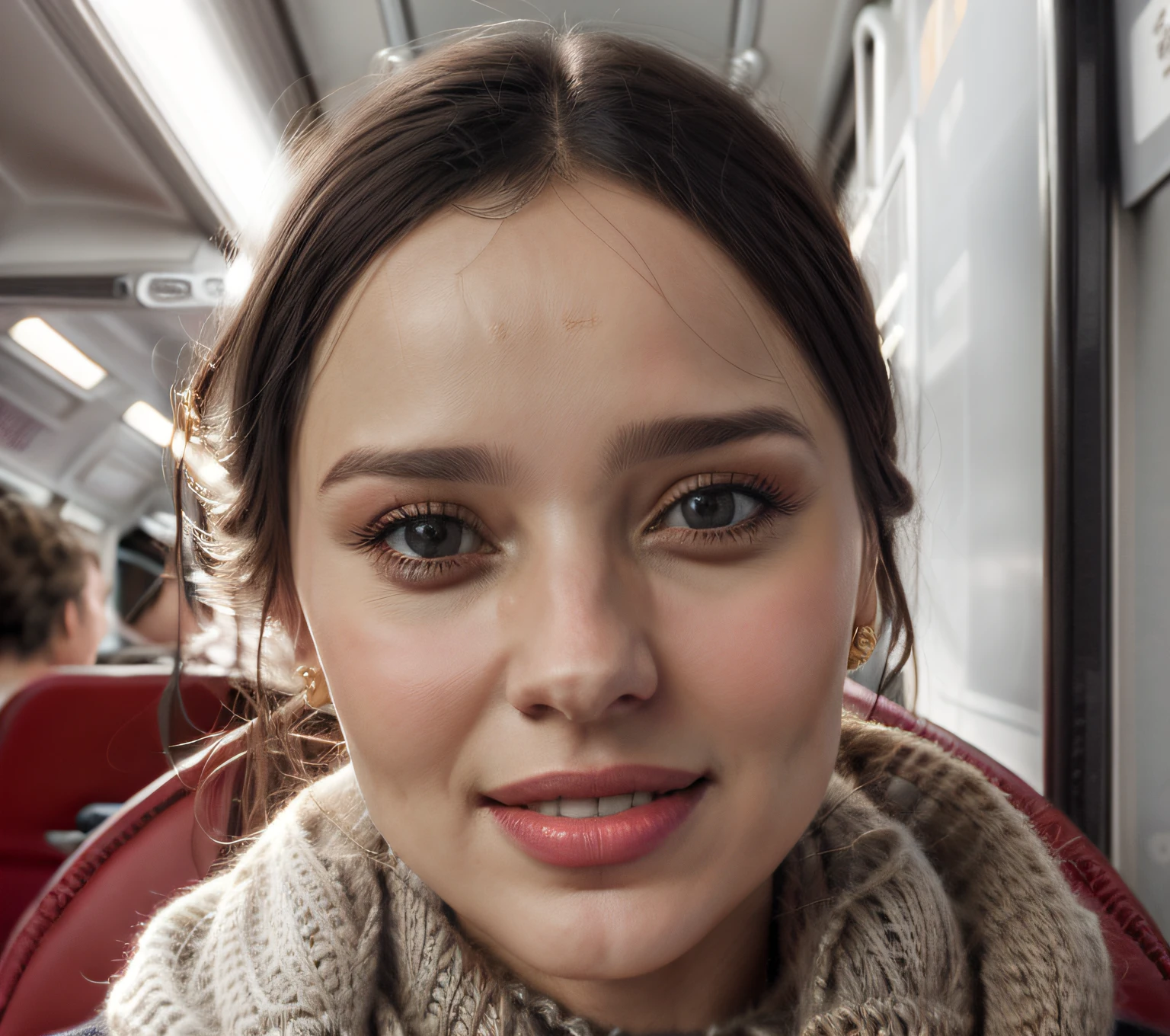 Smiling woman on a bus with a scarf in, Retrato NFT, Realistic portrait, Maia Sandu Hiper-realista, foto retrato realista, retrato de alta qualidade, retrato digital, retrato realista da foto, Valentina Embaralhamento, retrato hiperdetalhado, retrato de arte digital, retrato detalhado, rosto realisticamente renderizado, Aykut Aydogdu, Face extremamente realista, Rosto realista