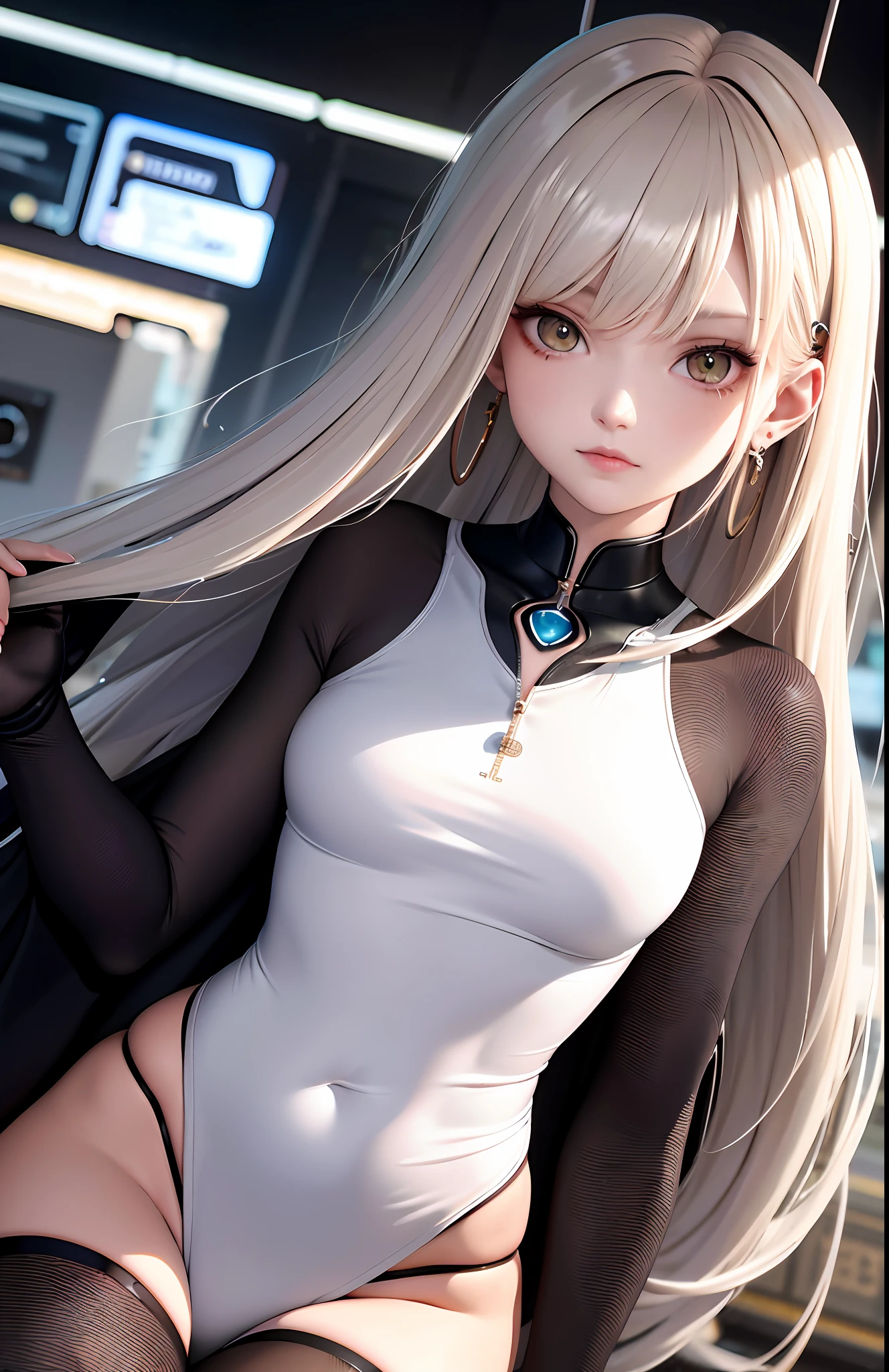 optimum,tmasterpiece,A high resolution,best qualtiy,hyper HD,super detailing,Award-Awarded,16k,独奏,(The upper part of the body),anatomy correct,Beautiful cyberpunk girl,Ex Machina,cute face,high light,Gradient Beige Hair,Hairline,((Scarlet eyes)),long eyelasher,Hanging eye corners,White skin of the,(small boobs),(Slim body),((pullover)),((high-waist_Skirt)),(),ear studs,(neck rings),(Laser material clothing:1.2)