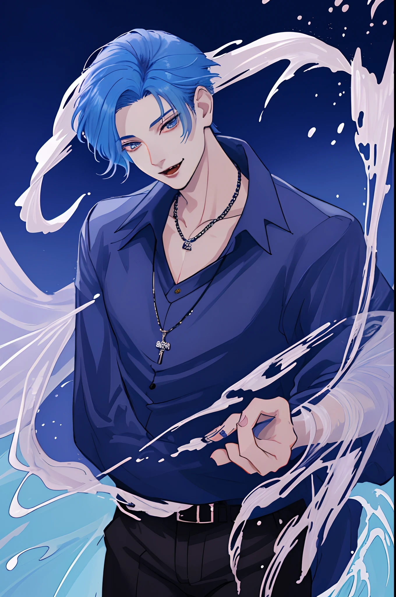 Moonlight behind, Standing by the seaside, Man with light blue hair, inspired by Sim Sa-jeong, nixeu and sakimichan, Inspired by Wang Duo, Morgoth, inspired by Bian Shoumin, Virtual Self, looking this way, inspired by Gang Se-hwang, inspired by jeonseok lee, Tumbler, high-level image quality、 beautiful male、tall、window、𝓡𝓸𝓶𝓪𝓷𝓽𝓲𝓬、Korean Male, k pop, Professional Photos, Vampires, À la Fed Man with Necklace, inspired by Sim Sa-jeong, androgynous vampire, :9 detailed face: 8, extra detailed face, ((eyes are brown)) baggy eyes, Seductive. Highly detailed, semi realistic anime, Vampires, hyperrealistic teen, delicate androgynous prince, imvu, Short-haired man, Hairstyle below the ears, Korean style hairstyle, Gentle expression, Smiling expression, Cool pose, Korean fashion with white chest plate visible Y-shirt and black pants