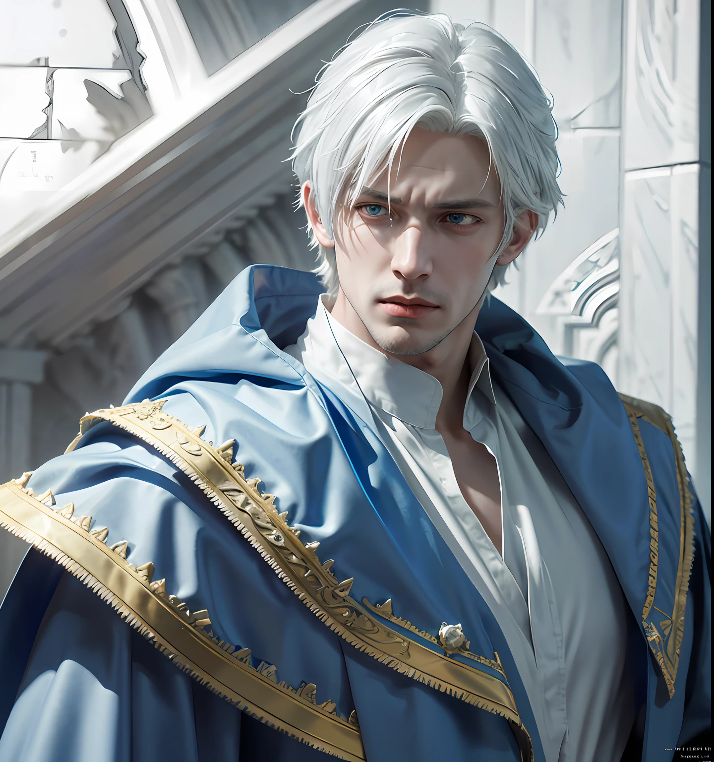 ****ung man, white hair and blue dress and blue cape, androgynous noble, delicate androgynous, handsome, royal elegant pose, 1man, stern look, 6th Century catastrophe, post-apocalypse, solo focus, adult, pale and young adult face, palace, realistic, dynamic pose realistic, detailed and correct facial structure, frost ornaments, LEON S. KENNEDY, cinematic lighting, unreal engine, trending on ArtStation, intricate details, masterpiece, best quality, by Irakli Nadar, Greg Rutkowski，(((best quality))),(((ultra detailed))),(((masterpiece)))