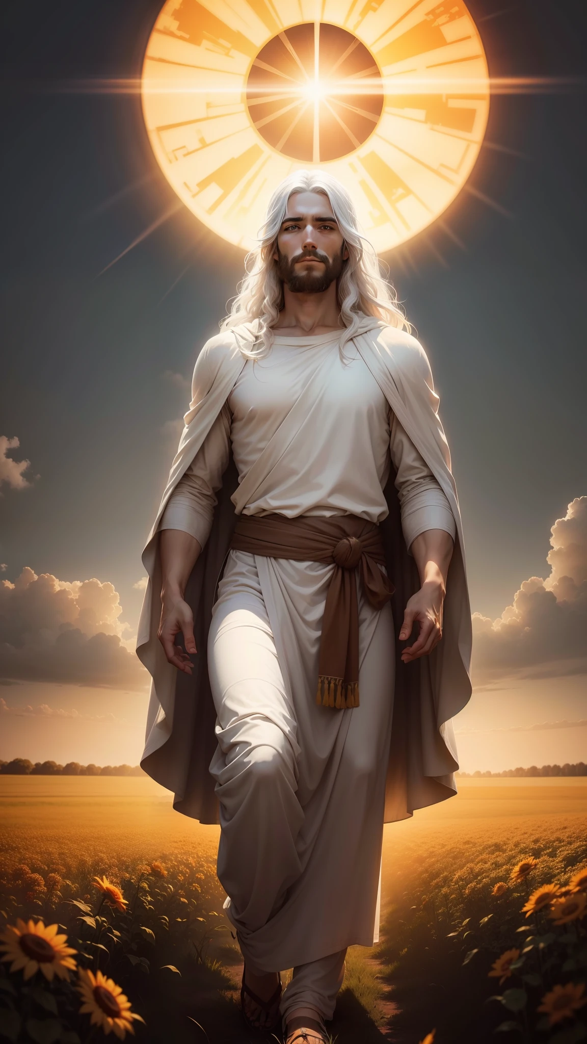 Jesus Christ with white hair with a resplendent aspect like the sun Standing on a beautiful field. Image with very high lighting quality, Very high resolution image, image with very high coloration, imagem realista, imagem hiperdetalhada