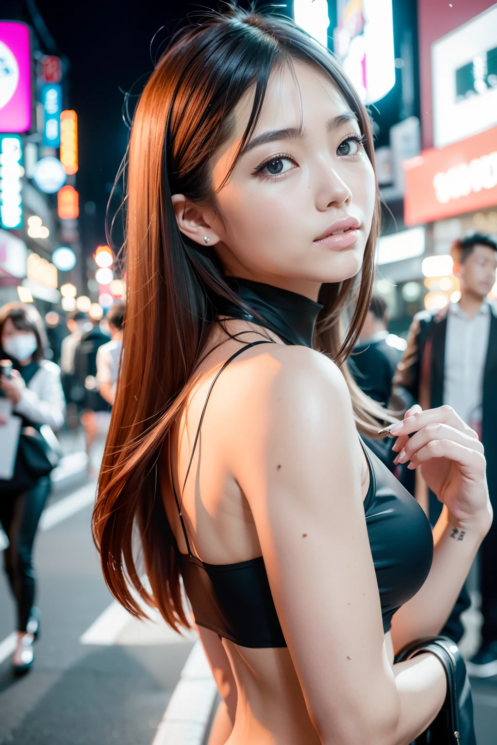 (8K分辨率,Night close-up,photorealestic,A picture),(1 female,age 22,(Rina Fujii's facial features:1.8,Scrawny face,s delicate face),com rosto detalhado,(Delicate Japanese makeup),Beautiful face,com rosto detalhado,详细的脸,Ultra-fine makeup,Black colored eyes,Long blonde hair,(Windswept hair,Messy has layers),Redlip,Fair smooth skin,(Best Skin Type:1.21),mediuml breasts,(Women's professional wear,Tall figure,perfect hand,Perfect posture,Ultra-fine clothing material),(Streets of Tokyo,Tokyo Kabukicho,neonlight,Exquisite street details,(the night,Say hello to people on the road,visitor)),(expressioness:Rejoice,exhilarated,confident smile,Rejoice),(profesional lighting,动态照明),(The color is bright,chaste,rays of sunshine(white colors,In pink,blue colors)),(Golden section,Cinema lenses,Hasselblad photograp,tmasterpiece:1.3),(adolable,rays of sunshine,vivaciousness,chaste,,Raised sexy,Realisticstyle,Artis,City promotion)