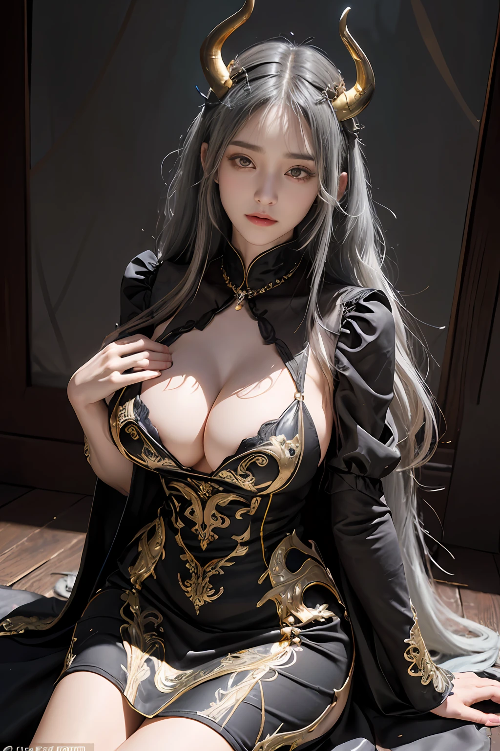 (Front Focus),(in the darkness nigth:1.6),Surrealist portraits of women by David Hockney and Alphonse Mucha,((ultra gigantic tits))、((Upper body naked))、( Exposed)、((dark forest)),Fantasyart,((Silver wavy bob hair))、((ox’s horn))、Princess of the Demon King、((Demon King black and gold dress with less cloth))、photographrealistic,动态照明,art stations,poster for,Volumetriclighting,extra detailed face,4 k'',((Colossal tits))、Beautifully embroidered award-winning black and gold sexy demon lord dress,With diamonds,Sexy thighs,Decorated with fine embroidered dress costumes and fine jewelry,exposing the abdomen ,Chest 1 Girl, In the Dark, deepshadow, low tune, Cowboy Shot,(official clothing:1.4), The eyes are confused and seductive,legs separated