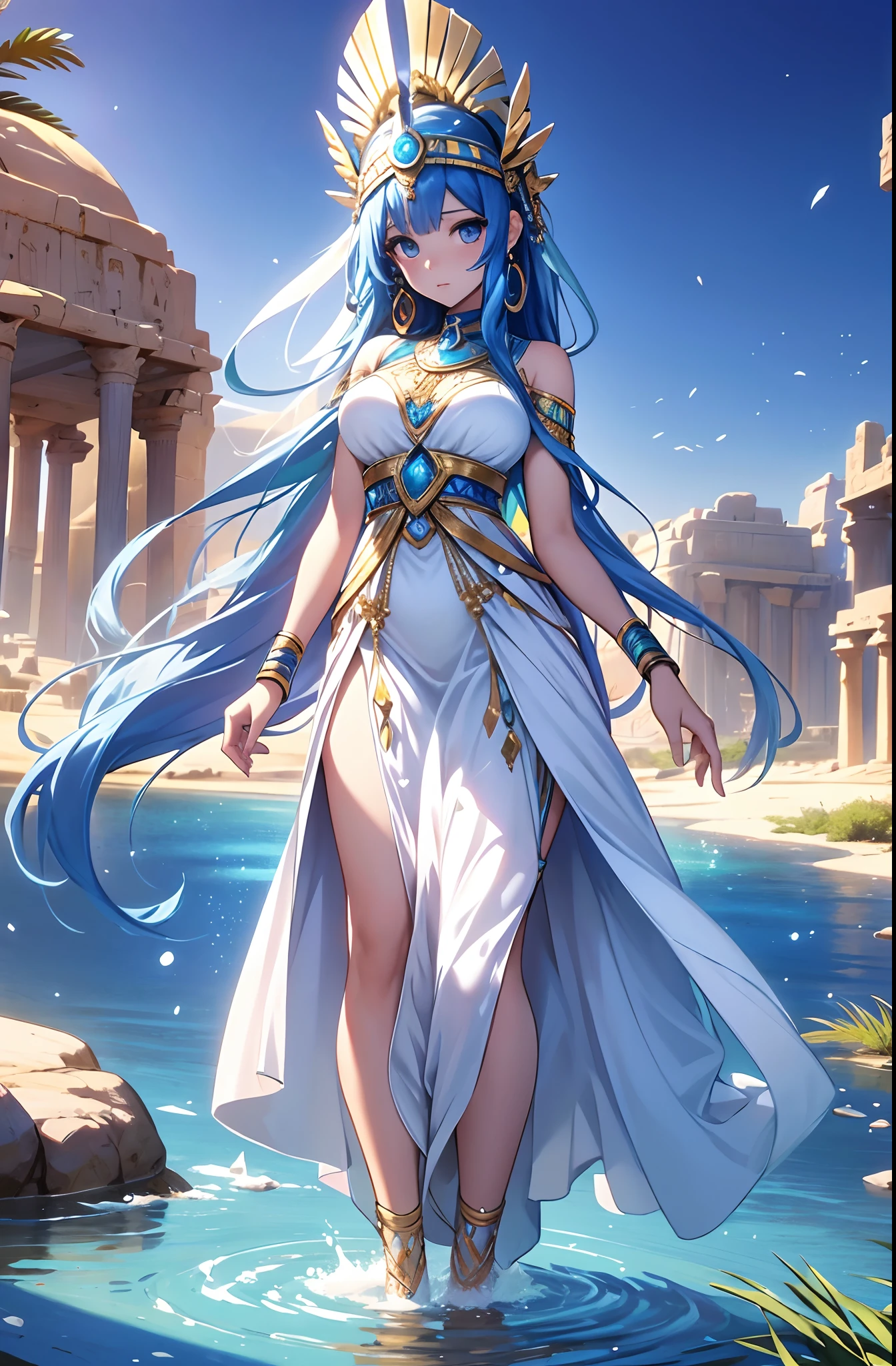 best qualityer,tmasterpiece,Ultimate resolution,downy,Extremely colorful,Colorful,Oasis background,Ancient Egyptian woman,Long azure hair,a matural female,Long white dress in Egyptian style,a white long skirt,Treading water,Desert oasis,Nile River,Normal posture
