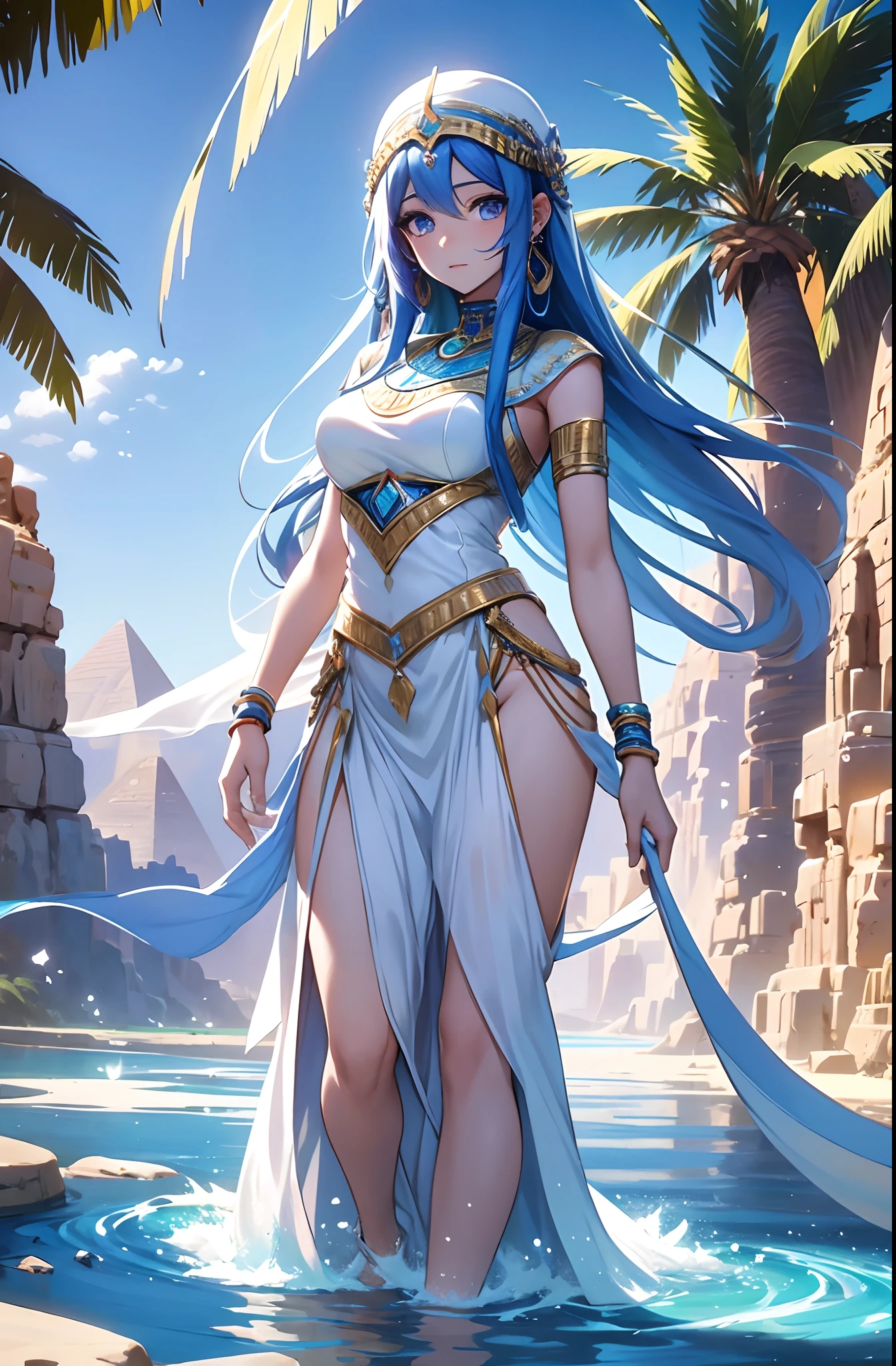best qualityer,tmasterpiece,Ultimate resolution,downy,Extremely colorful,Colorful,Oasis background,Ancient Egyptian woman,Long azure hair,a matural female,Long white dress in Egyptian style,a white long skirt,Treading water,Desert oasis,Nile River,Normal posture