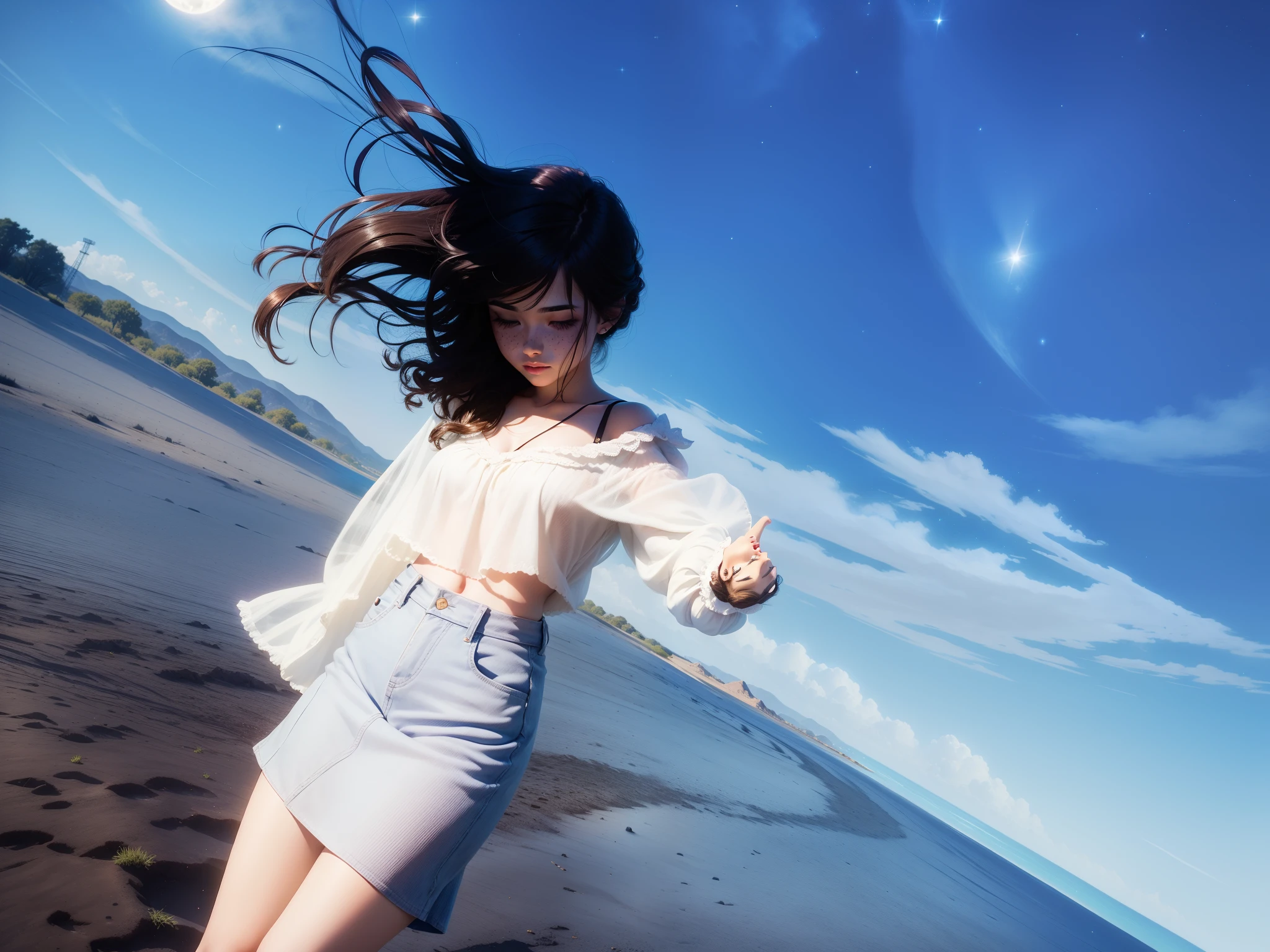 full bodyesbian, Cute brunette girl portrait, Stand on a lavender field, sport, Fine hair, hentail realism, high quality rendering, filmgrain, Fujifilm XT3, dream magical, acne, freckle, flawle, 85mm, Nikkor, fuji provia, fuji portra , ,(Number of stars:1.2), starrysky, galactic, themoon, rays of moonlight, astrophotography, Contre-Jour, darkly, darkly, (underexposed:1.3), rimlight,