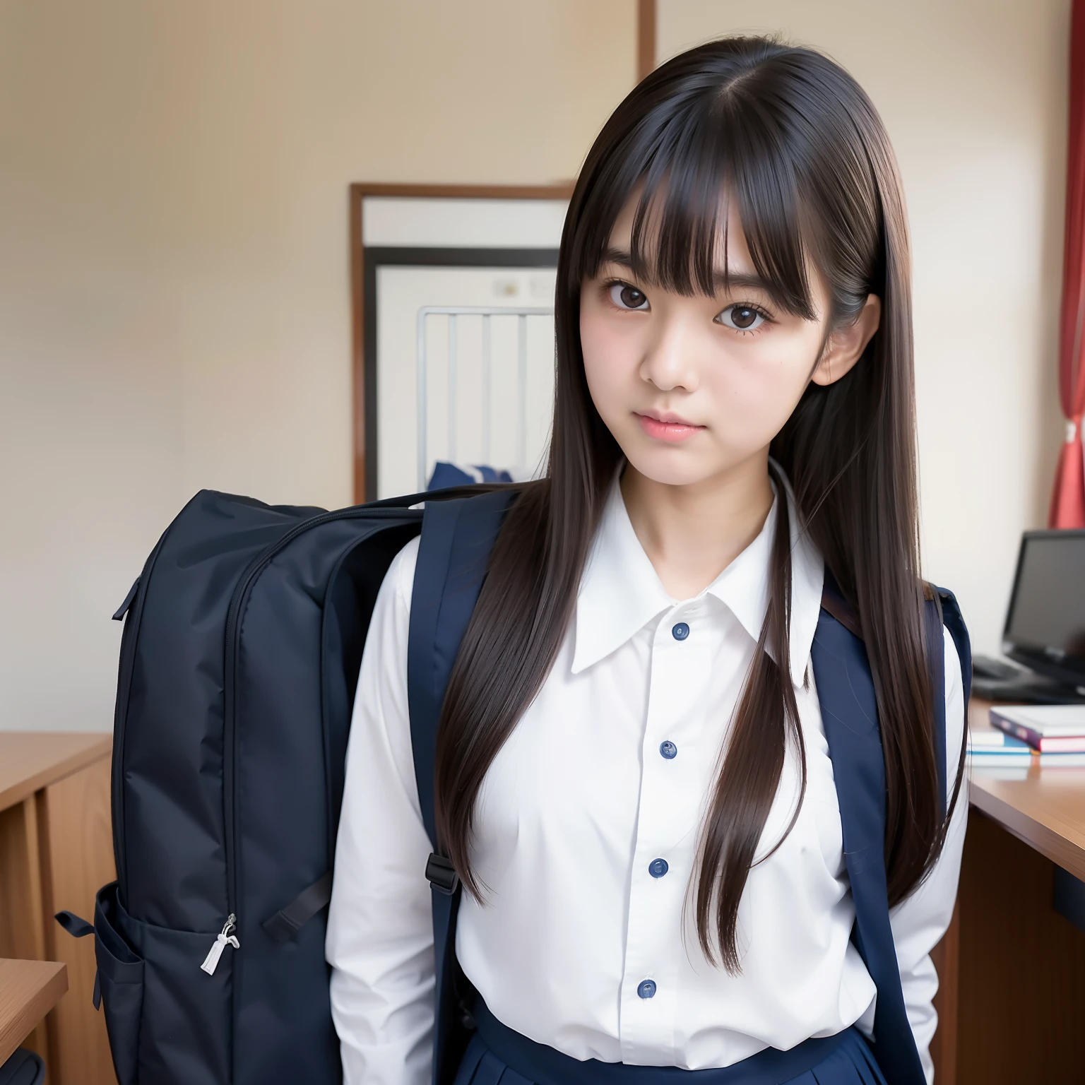 Girl with backpack standing in front of desk, wearing japanese school uniform, japanese girl school uniform, girl wearing school uniform, Japan school uniform, Cute Schoolgirl, Seifuku, Wearing school uniform, Young Asian Girl, Wearing a school uniform, portrait of a japanese teen, School Girl、thick bangs、Bangs heavy、One heavy、Nose low