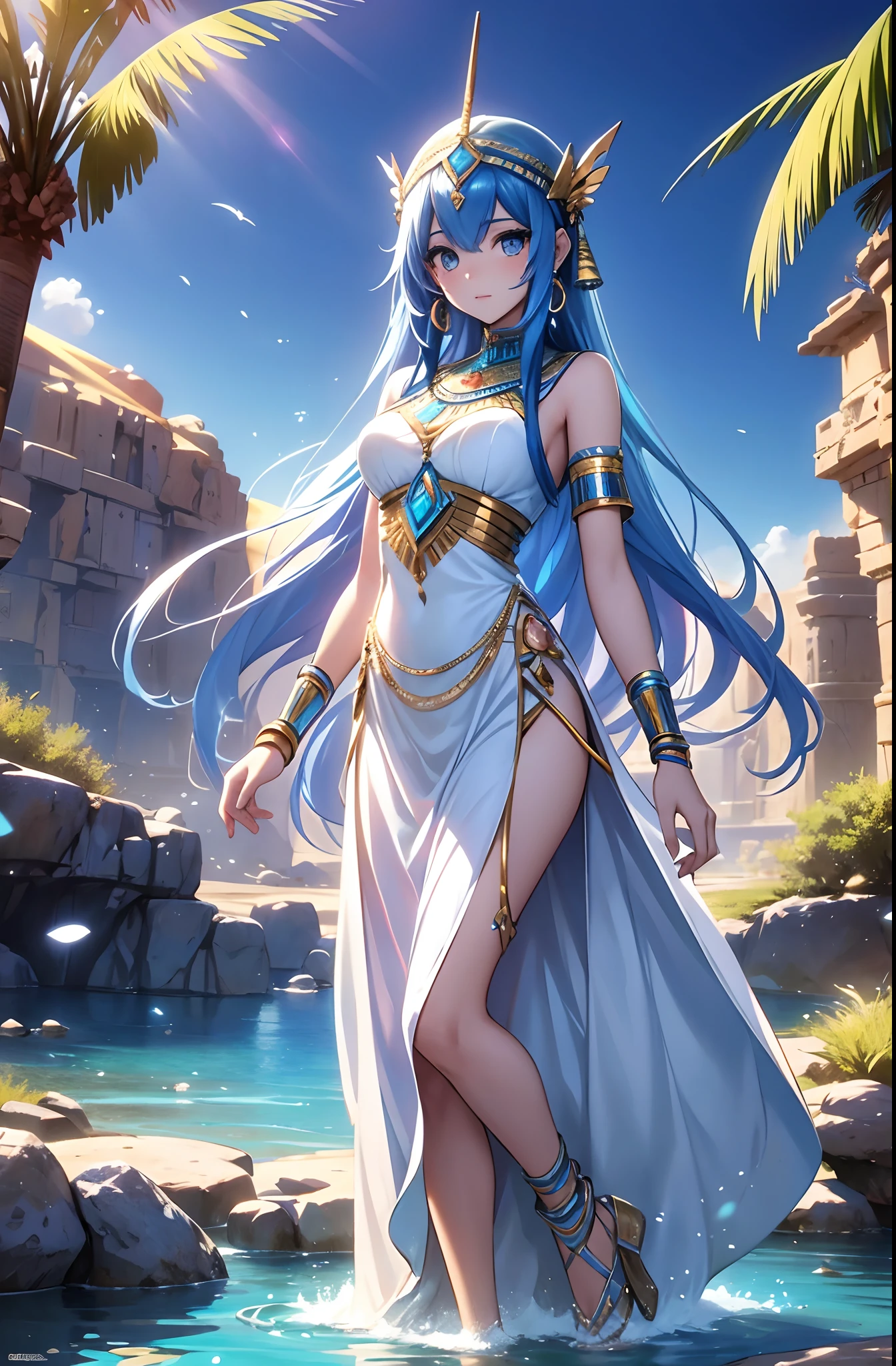 best qualityer,tmasterpiece,Ultimate resolution,downy,Extremely colorful,Colorful,Oasis background,Ancient Egyptian woman,Long azure hair,a matural female,Long white dress in Egyptian style,a white long skirt,Treading water,Desert oasis,Nile River,Normal posture