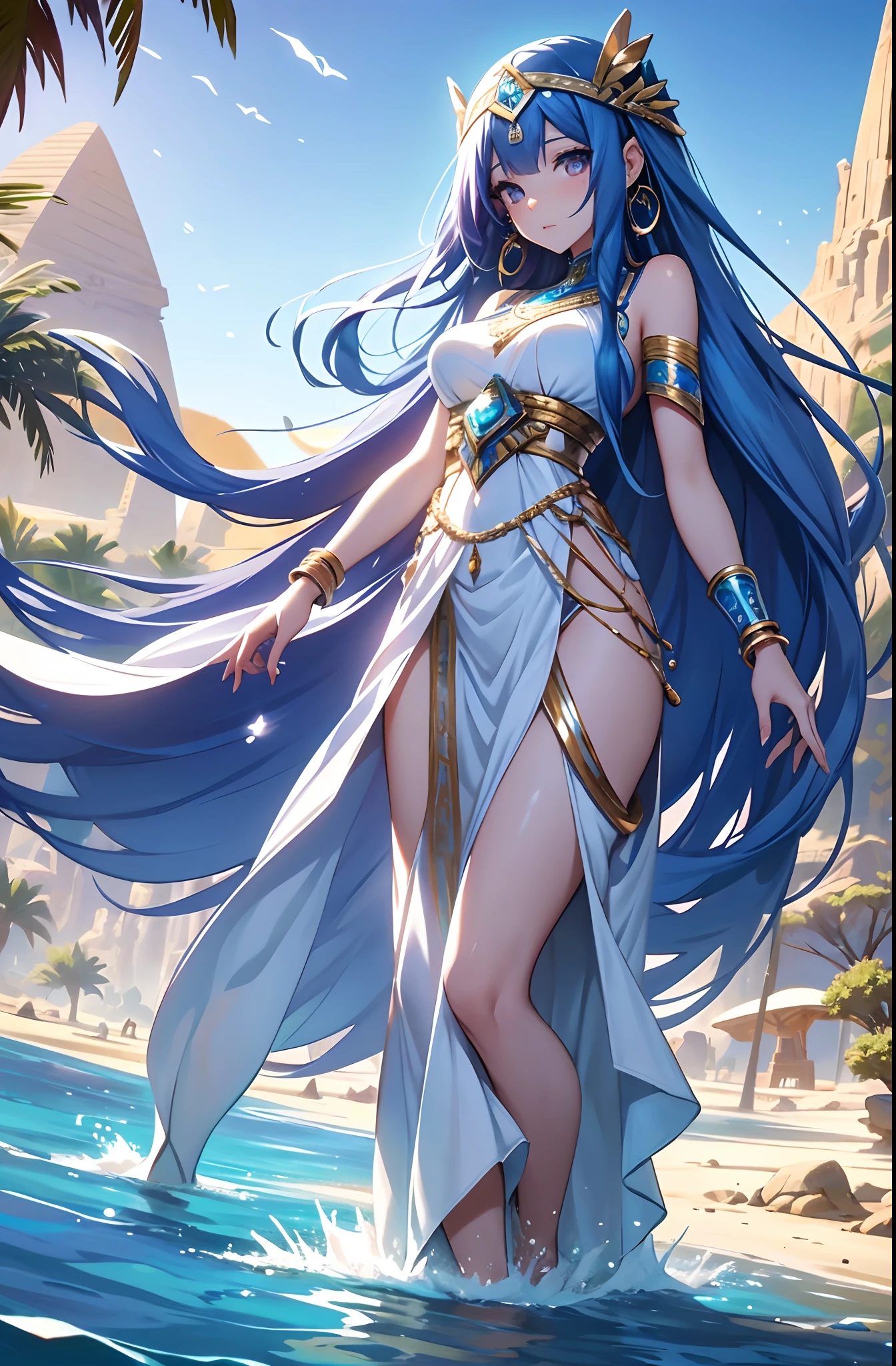 best qualityer,tmasterpiece,Ultimate resolution,downy,Extremely colorful,Colorful,Oasis background,Ancient Egyptian woman,Long azure hair,a matural female,Long white dress in Egyptian style,a white long skirt,Treading water,Desert oasis,Nile River,Normal posture