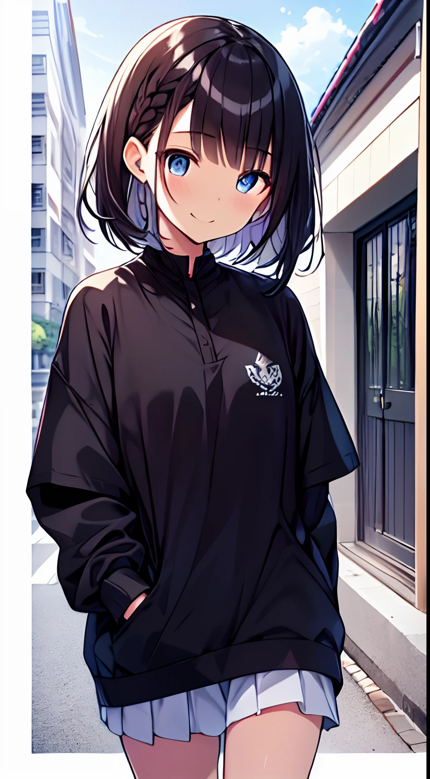 masutepiece, Best Quality,Illustration, Wallpaper, Ultra Detail, 1girl in,Solo,Beautiful detailed eyes,Very thick contour lines、Medium Short-Cut Hair、Short, Braided hair、(student clothes)、Dark hair color、A refreshing smile、Walking next door、Kamimei、Overlooking angle:1.2、small head
