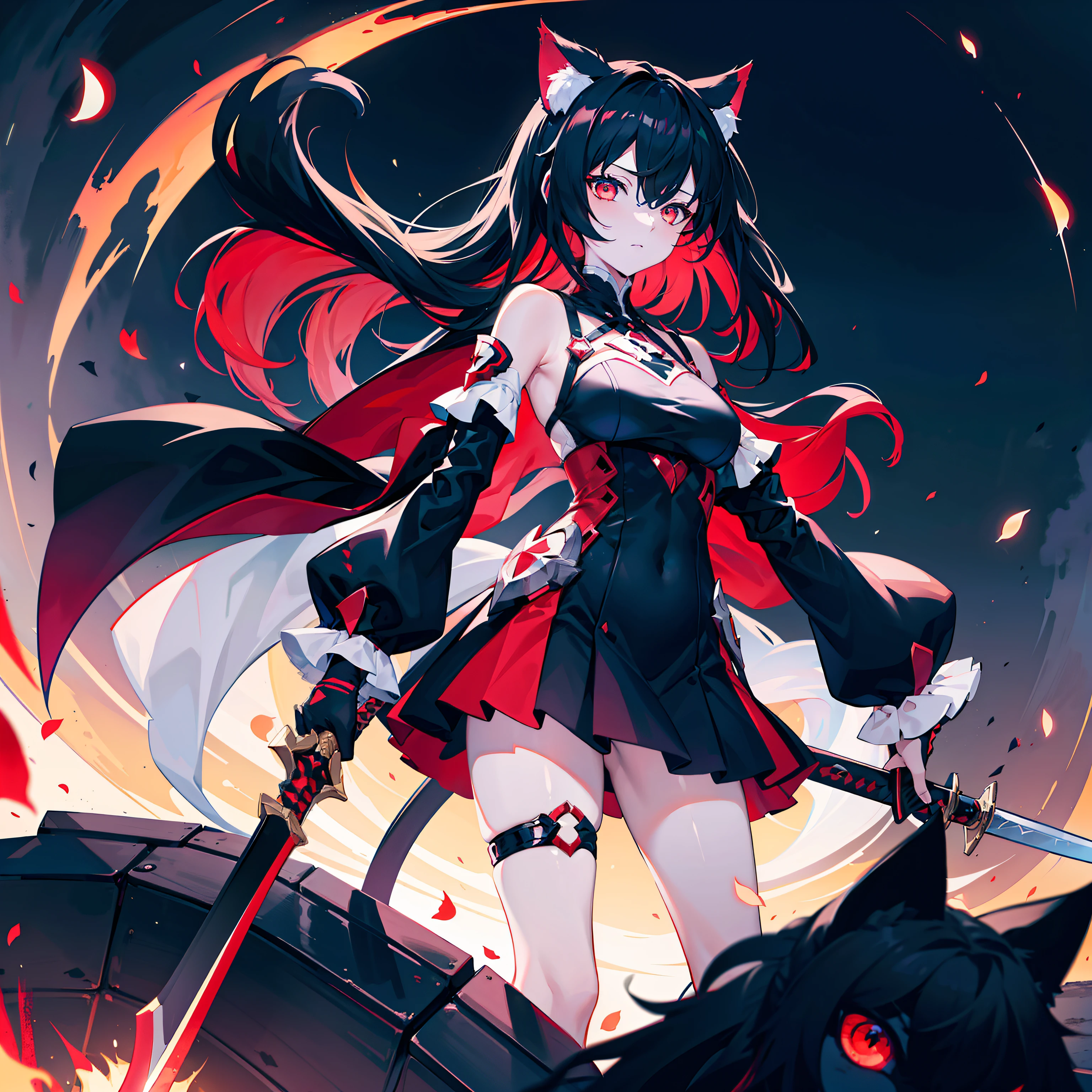 A close-up of a girl，Black hair，red color eyes，glowing light eyes，Separate the sleeves，black color dress，Cold，Perfect girly body，mediuml breasts，long leges，cat ear，black glove，the night，Lake surface，There are three cats next to it，Holding a black long sword，Indifferent swordsman，Separate the sleeves，Honkai Three style,style of anime，full bodyesbian，