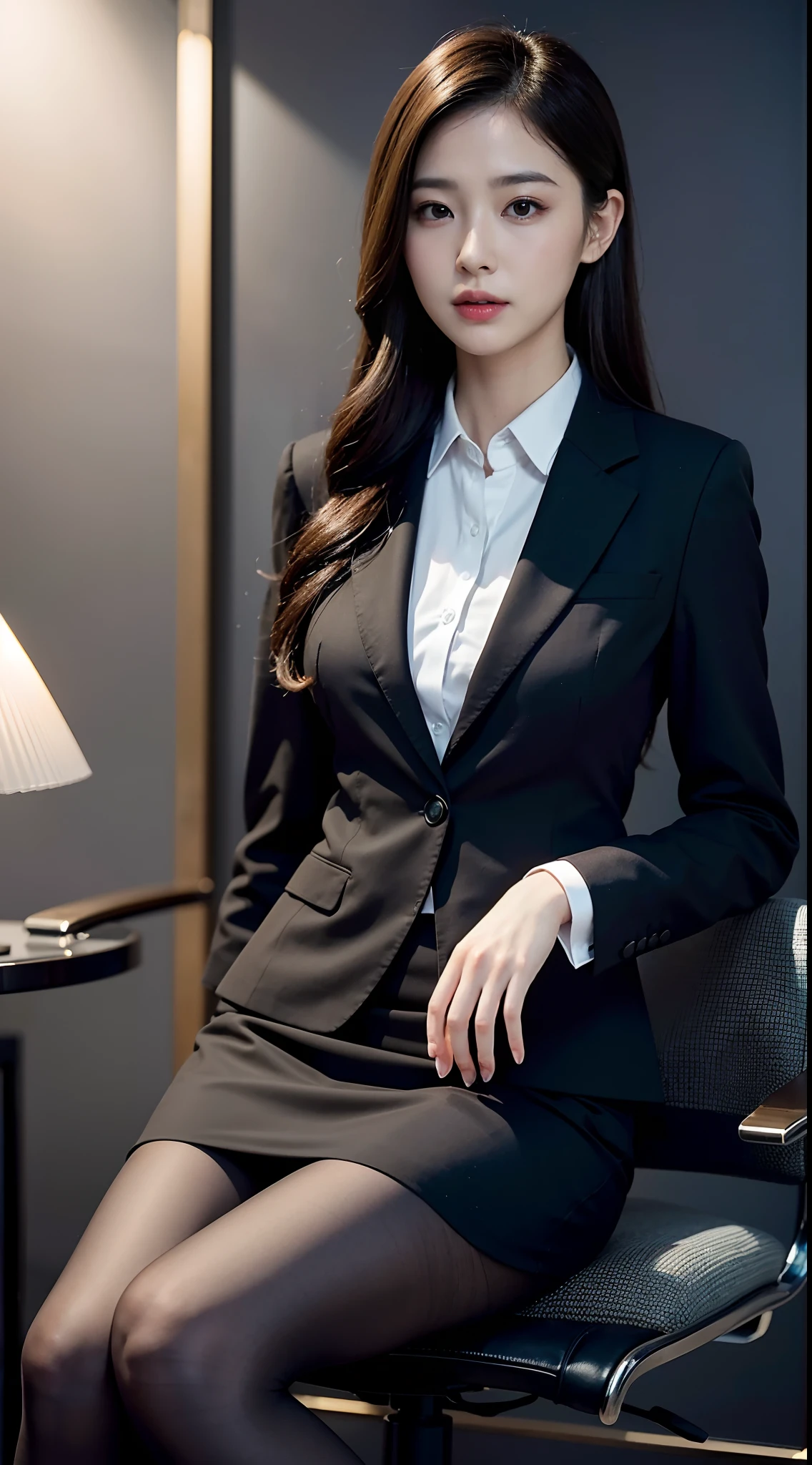 Classy upper class elite woman in business suit, Wearing a strict business suit, Wearing pantyhose、Wear high-end high heels、 Girl in a suit, Wearing a business suit, Wearing a business suit, in a business suit, businesswoman, business clothes, wearing black business suit, wearing jacket and skirt, Woman in business suit, Business attire, business outfit, luxurious suit、raw,(8K、top-quality、masterpiece:1.2)、(intricate detailes:1.4)、(Photorealsitic:1.4)、octane renderings、Complex 3D rendering ultra detail, Studio Soft Light, Rim Lights, vibrant detail, super detailing, realistic skin textures, Detail Face, Beautiful detail eyes, Very detailed CG Unity 16k wallpaper, make - up, (detailedbackground:1.2), Exposed thighs!!!,