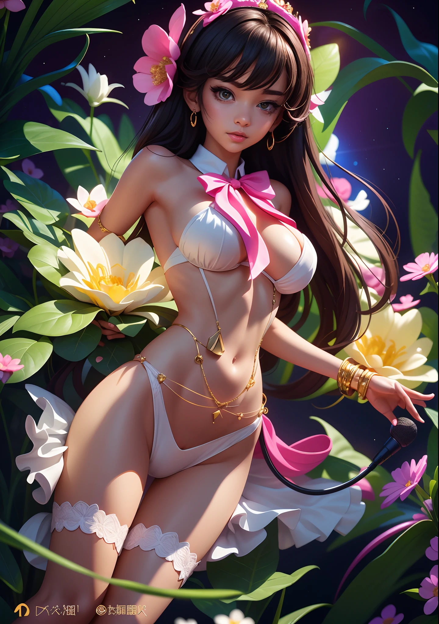 Masterpiece, Best quality, A high resolution, HMSL1, Medium hair, x hair ornamen, crown, pink flower, White dress, bridal garter, Bare shoulders, Wrist cuffs, frill dress, neck bowtie, Large breasts, Stage, sky, Cowboy shot, standing in the middle of the stage,Microphone in hand,The microphone is in cute shape,1girll,full body,Slender toned legs,white Heels,The leather shoes have gold metal hangings,idoly,Stage costumes,be on stage,holding a mic,Neon stage,Projector lamp illumination,LED stage background,Flowers bloom,Seven colored lights,(Masterpiece),(Best quality:1),(超高分辨率:1),the wallpaper, Detailed illustration, detailed beautiful skin, 1girll, Solo, Bikini, , Sexy, big breast, mini plaid skirt,