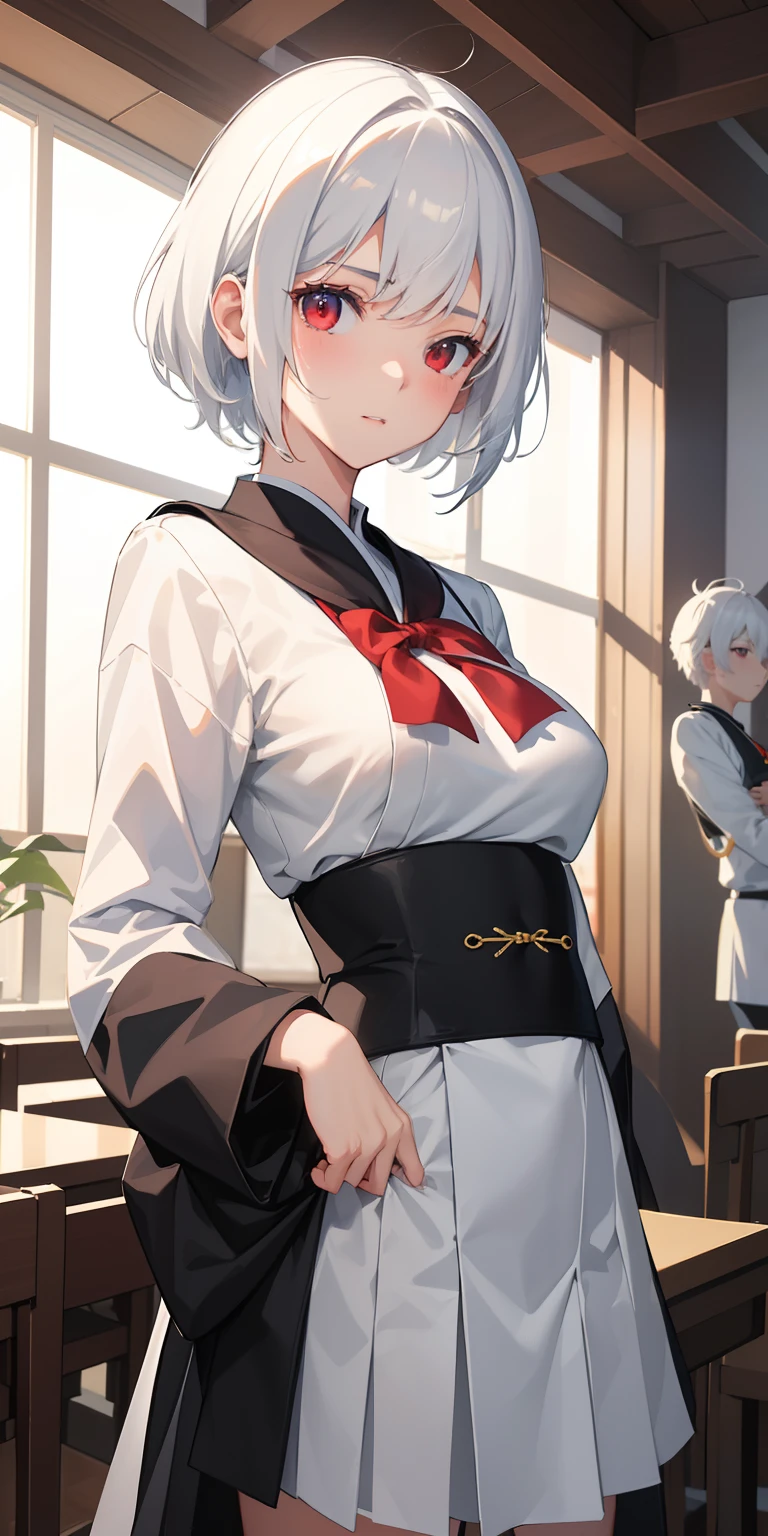 chisatonishikigi, nishikigi chisato, short hair, bangs, blonde hair, (red eyes:1.5), hair ribbon, one side up, bob cut, open mouth, smile,
BREAK shirt, long sleeves, dress, ribbon, white shirt, collared shirt, belt, neck ribbon, red dress, blue ribbon, pleated dress, grey dress, two-tone dress, red belt, lycoris uniform,
BREAK indoors, cafe,
BREAK looking at viewer, (cowboy shot:1.5),
BREAK (masterpiece:1.2), best quality, high resolution, unity 8k wallpaper, (illustration:0.8), (beautiful detailed eyes:1.6), extremely detailed face, perfect lighting, extremely detailed CG, (perfect hands, perfect anatomy), (white panties:1.5), (ass:1.5), kneeling, leaning forward, body tilt, small breasts,
(short, tiny, little:1.5), blush, embarrassed, from below, from back, cowboy shot,
spread legs, dutch angle